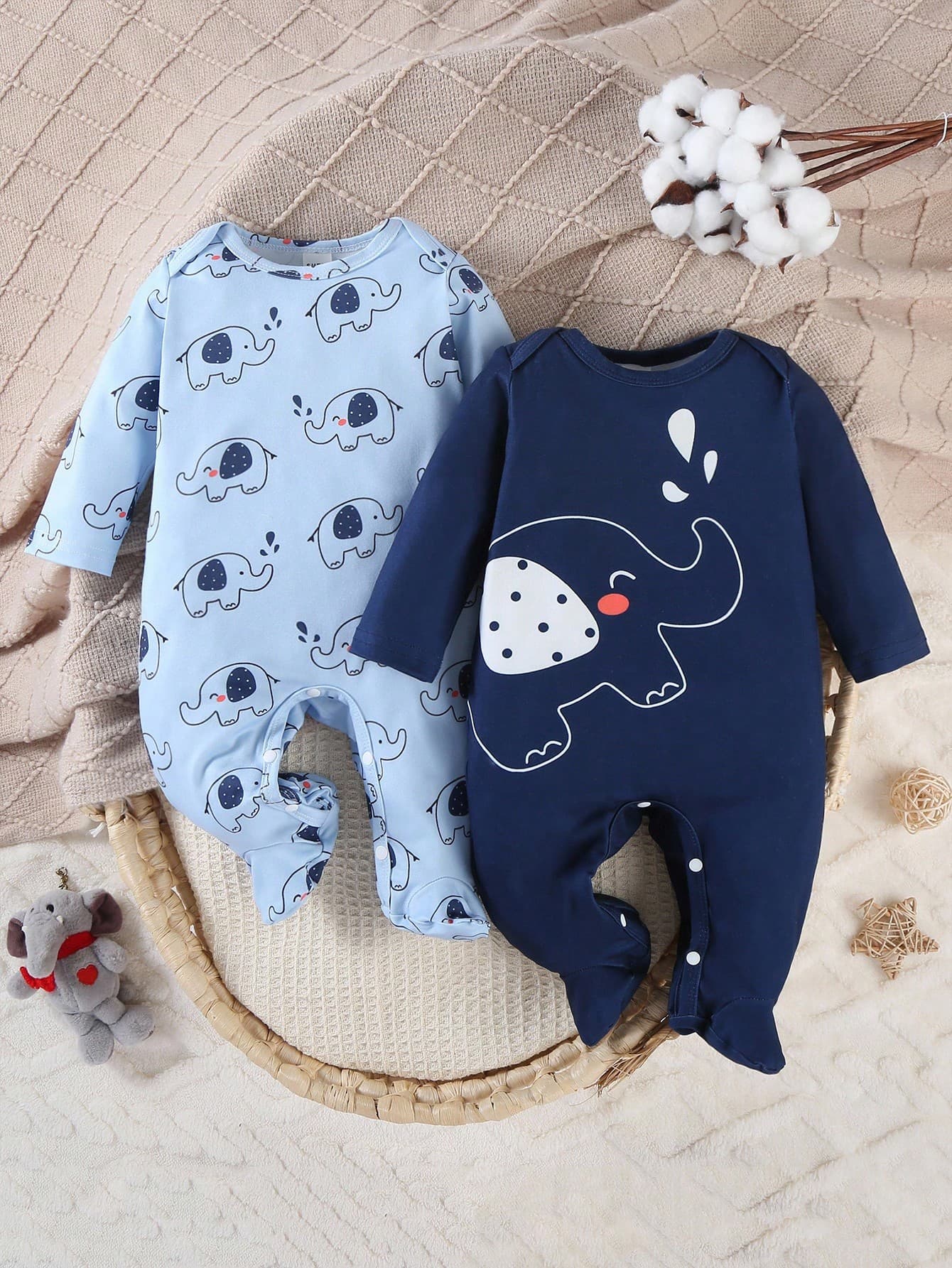 SHEIN 2pcs Newborn Cute Elephant Print White & Blue Minimalist Long Sleeve Footed Romper Pajamas Fall Winter