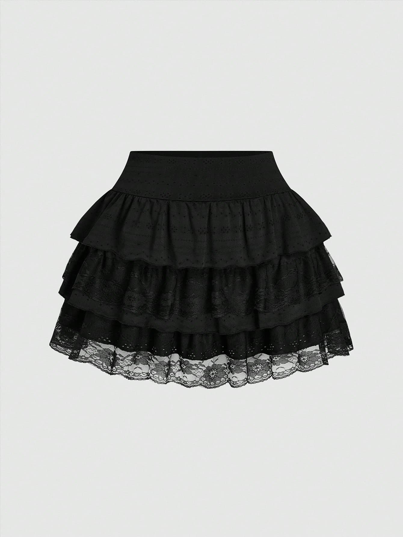 Sweetra CURVE Plus Size Women Lace Multi-Layer Ruffled Hem Elegant Black Midi Skirt Fall