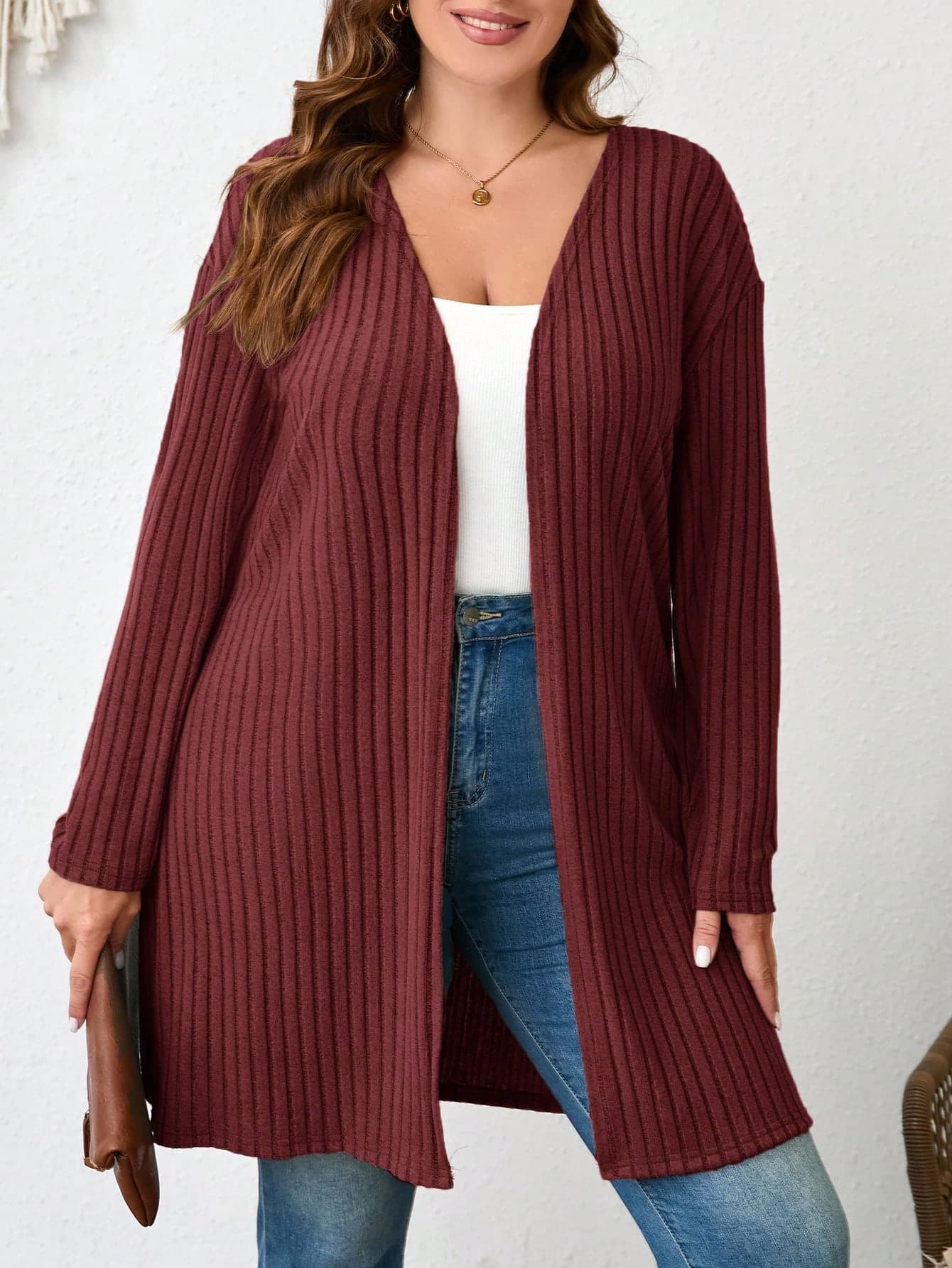 Comfylo Plus Size Plain Color Ribbed Knit Cardigan For Spring And Autumn Winter Clothes Fall