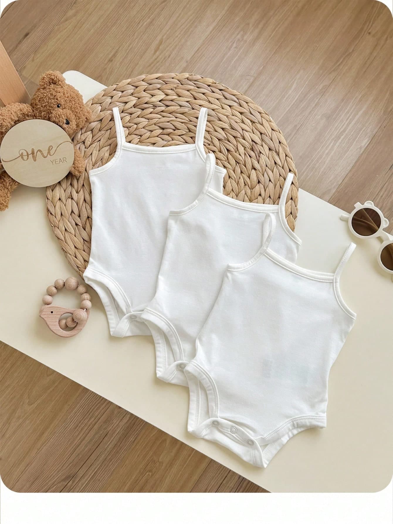 SHEIN Baby Girl Casual Knitted Solid Color Bodysuit Camisole 3pcs/Set With Snaps