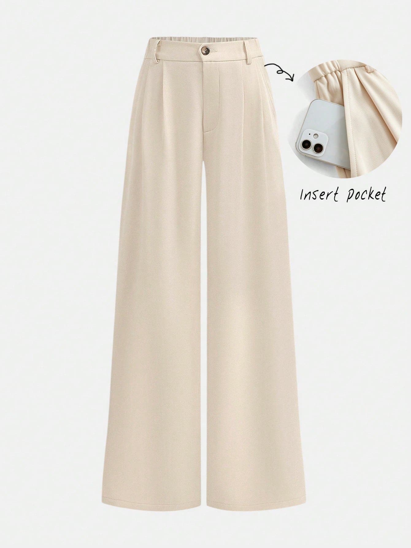 Girlism Teen Girls' Apricot Wide Leg Pants,Beige,Summer High Waist Pleated Woven Twill Slant Pockets Casual Plain Open Hem Versatile Back-To-School Trousers