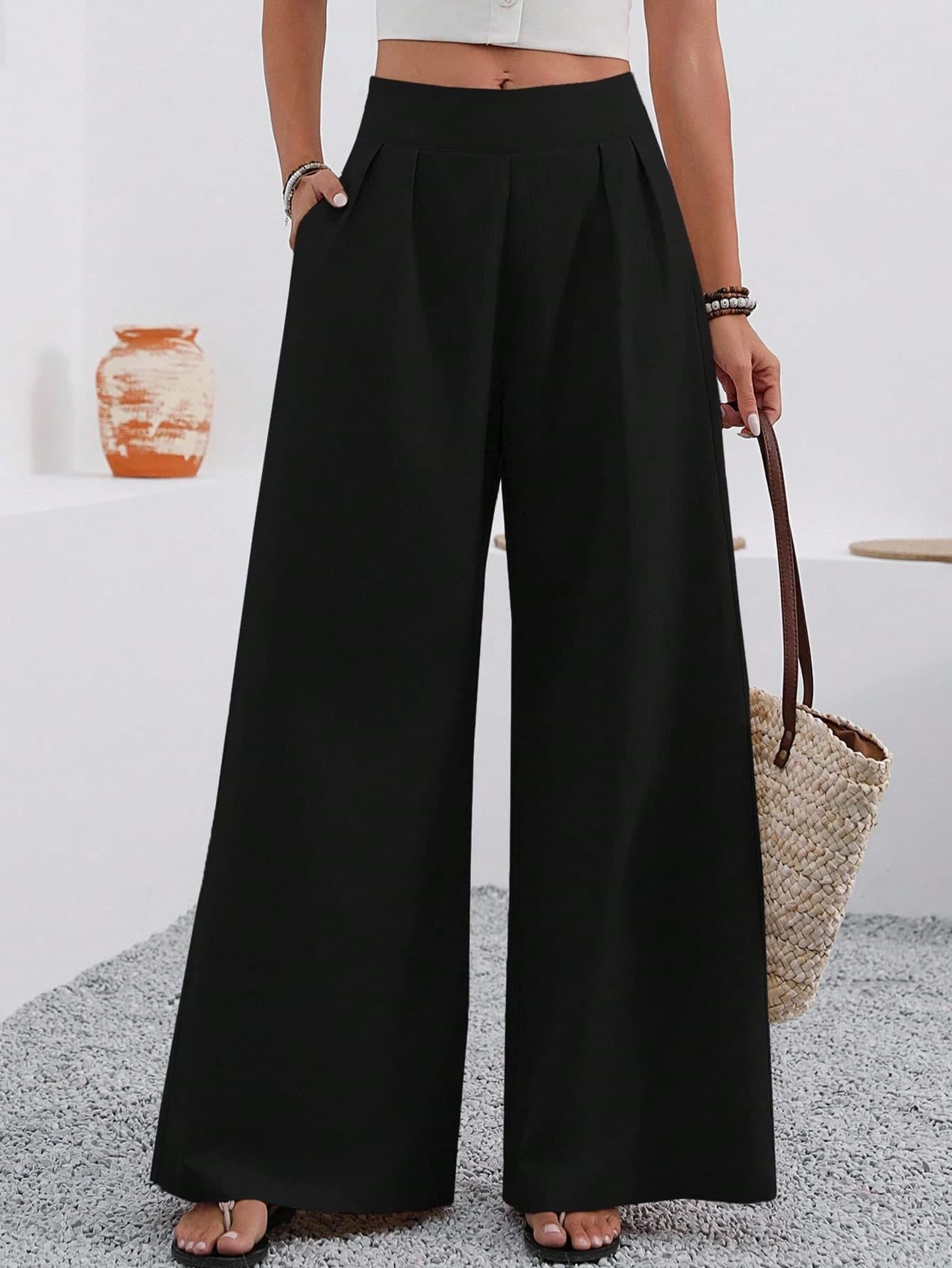 Louniche Solid Color Loose Wide Leg Elegant Pants With Pocket Fall Cloth For Women