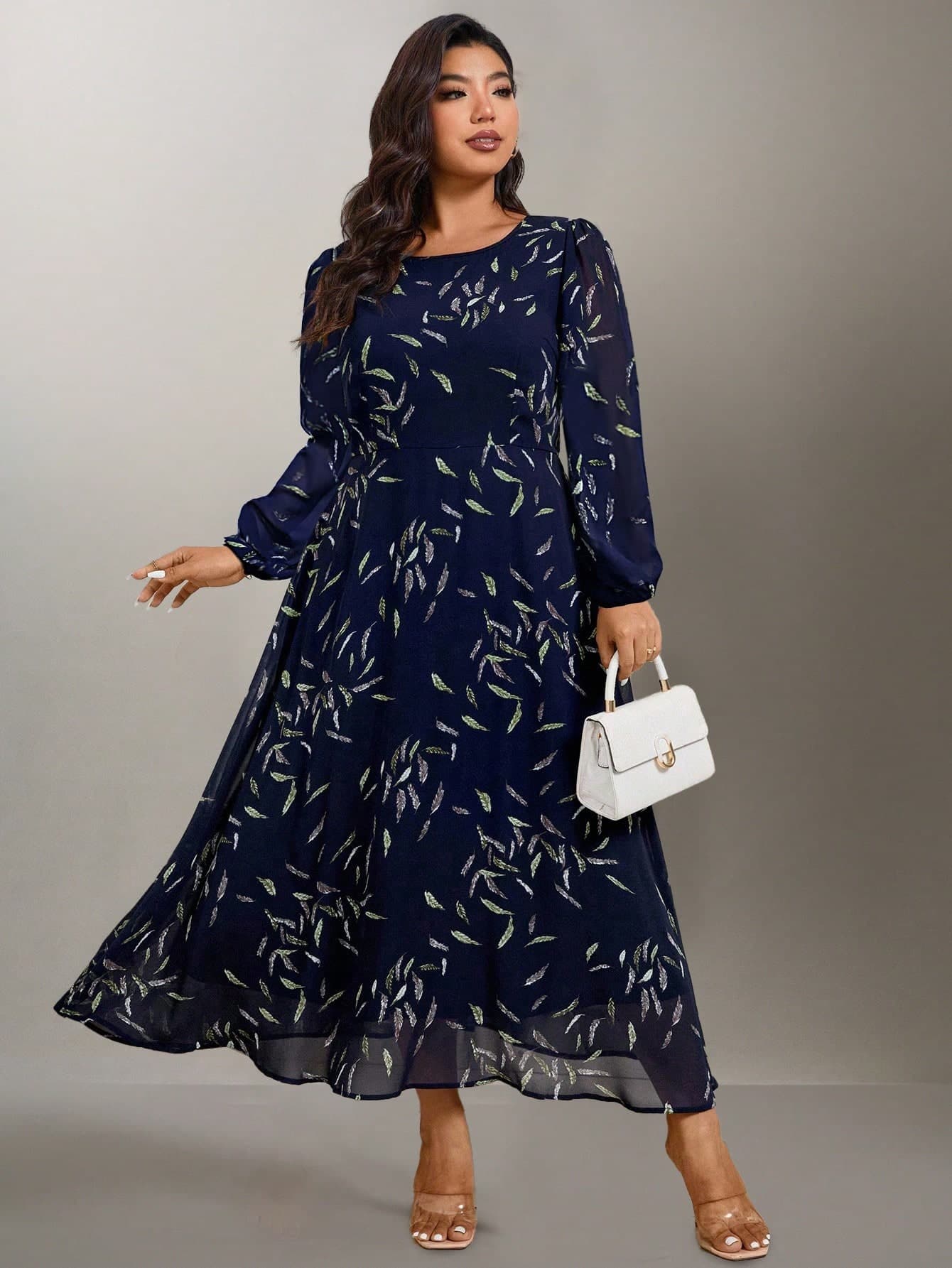 Cravure Women Plus Size Navy Blue Elegant Chiffon Printed A-Line Dress,Wedding Guest Formal Vacation Spring Summer Autumn Easter Tea Party Outfit Fall Cloth