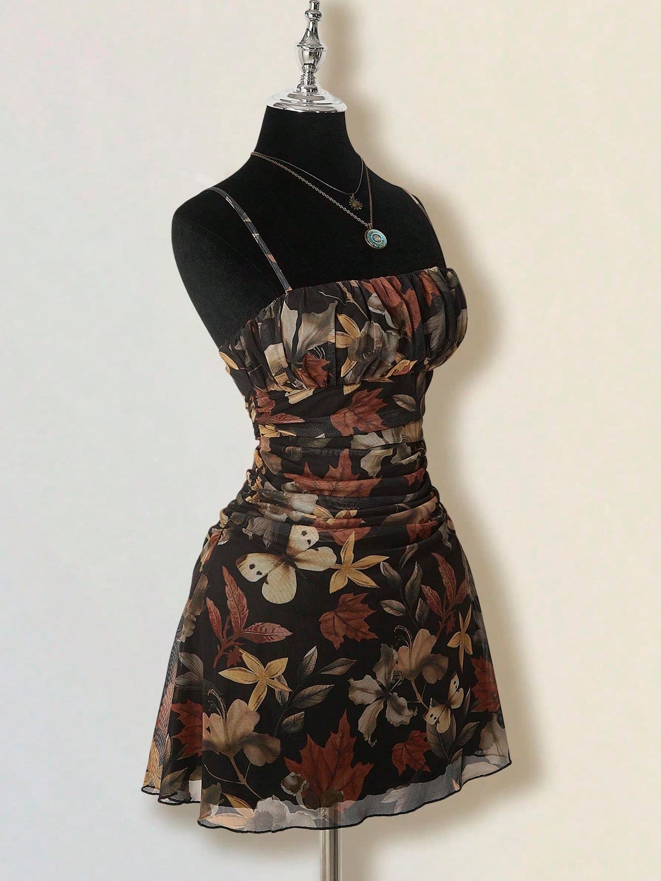 SHEIN ICON Women's Black Floral Vintage Maple Leaf Print Pleated Mini Dress,Summer Retro Vacation Butterfly Print Party Earth Tone Autumn Dress