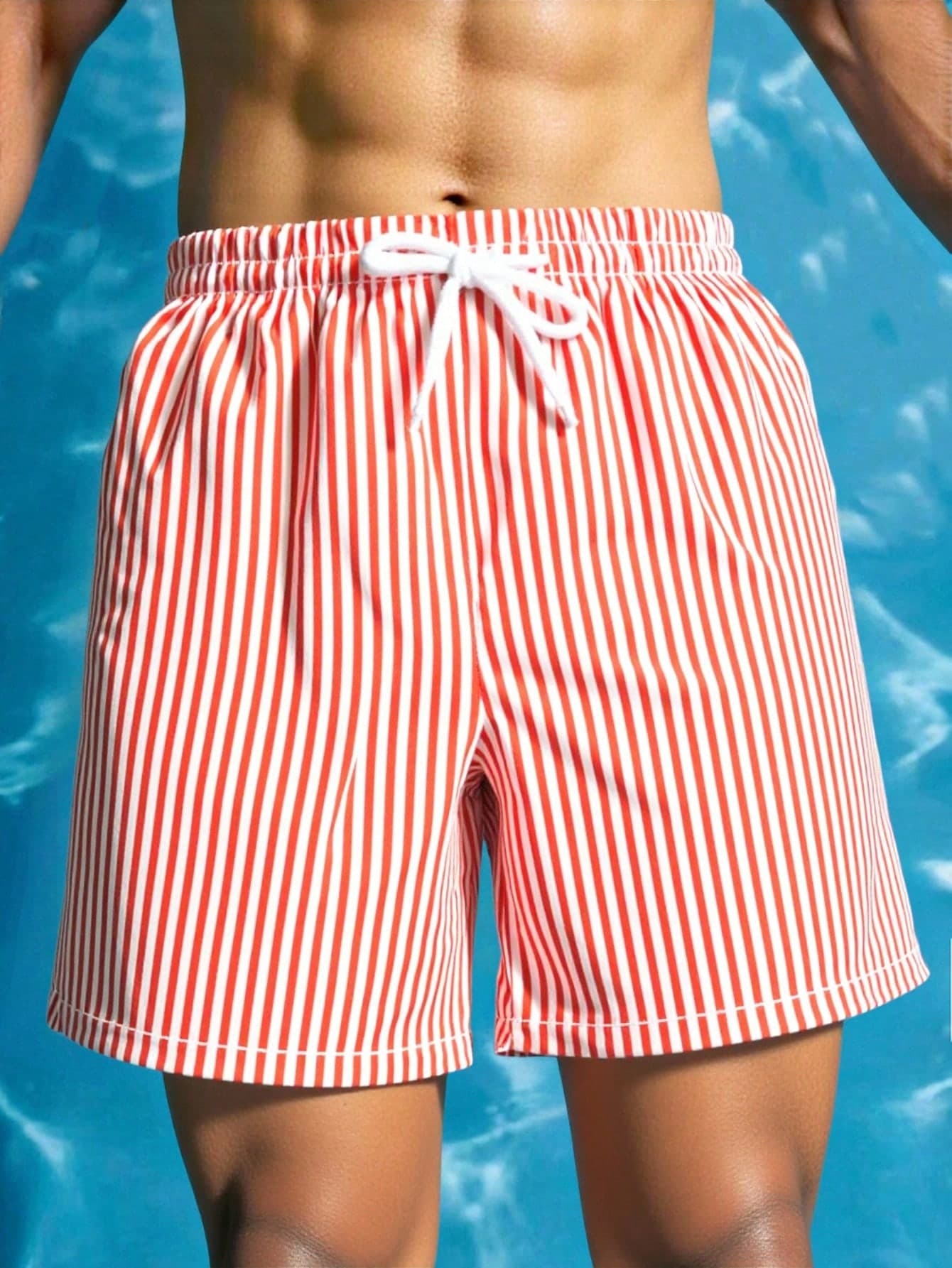 SHEIN Tween Boy Men Red And White Striped Swim Trunks,Summer Casual Beach Shorts Essential For Pool Party,Holiday Swimwear