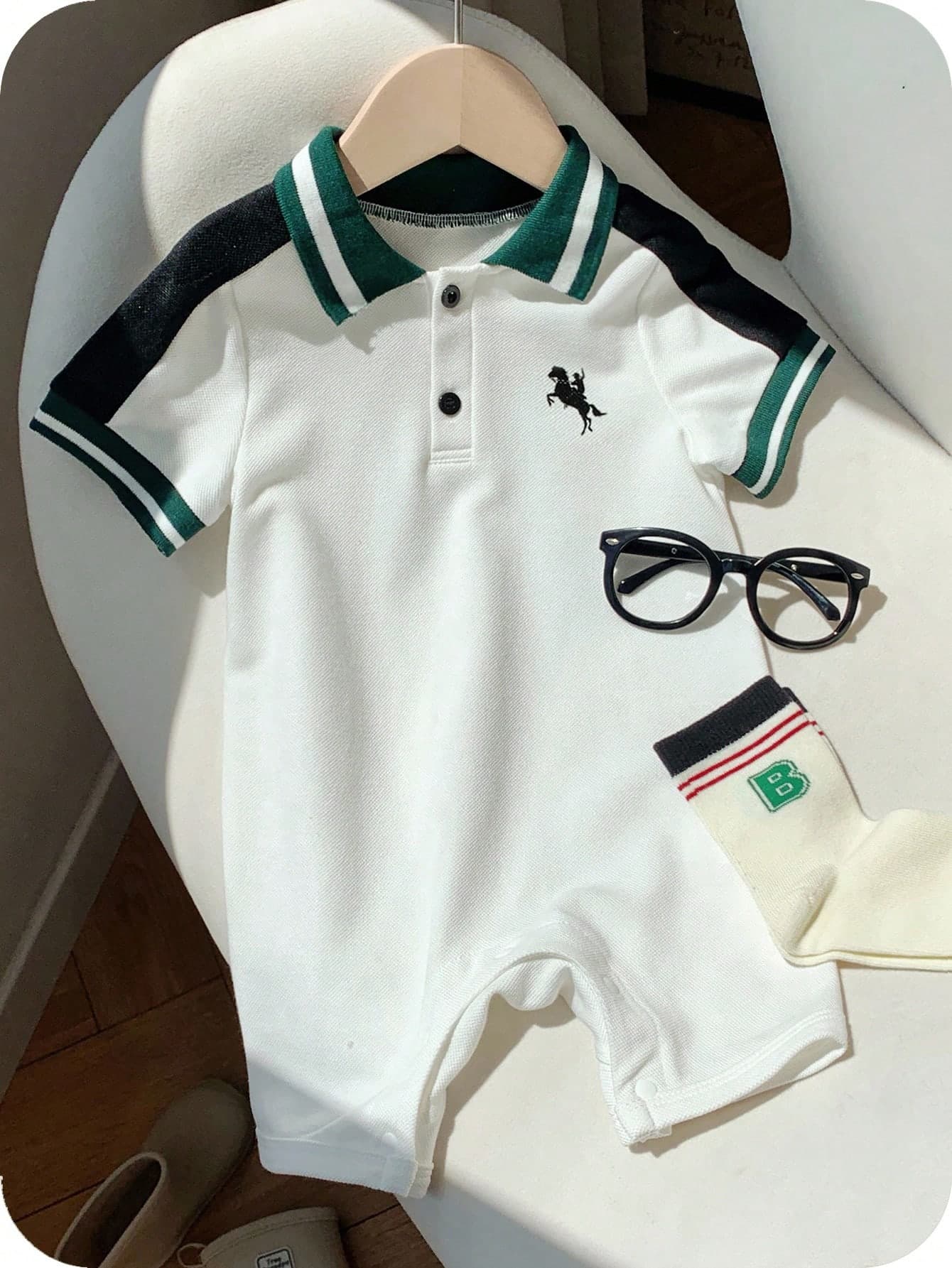 SHEIN Newborn Baby Boy Polo Romper,Black And White,Summer,Casual,Family Matching Knit Short Sleeve Outfit,Breathable White Golf Clothes For 1st Birthday