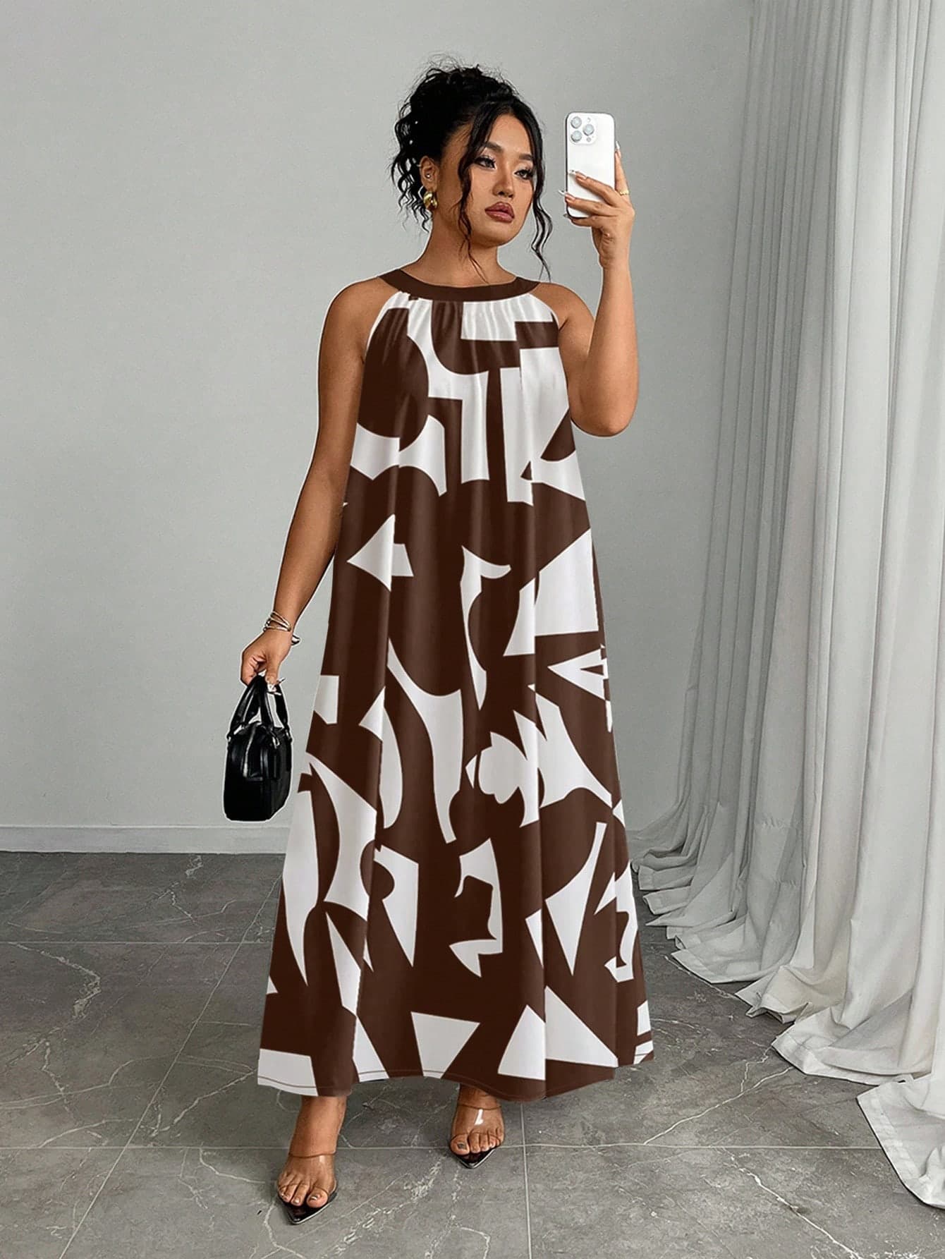 SHEIN Plus Size Women's Elegant All-Over Print Loose Halter Dress, Summer