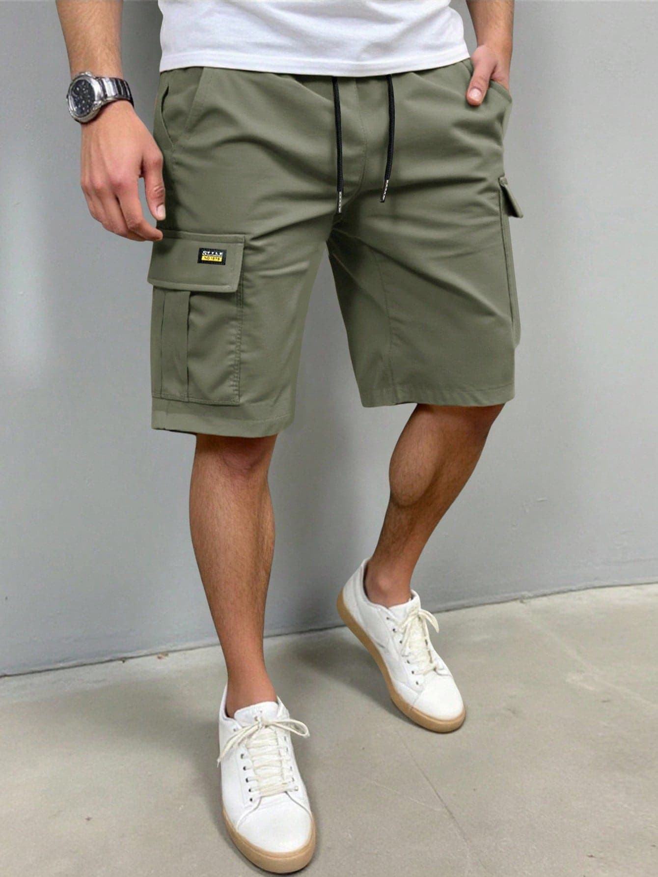 Manfinity Homme Men's Solid Color Elastic Waist Drawstring Pocket Cargo Shorts Men Cargo Shorts Cargo Shorts Men Men Casual Shorts Men Olive Green Shorts