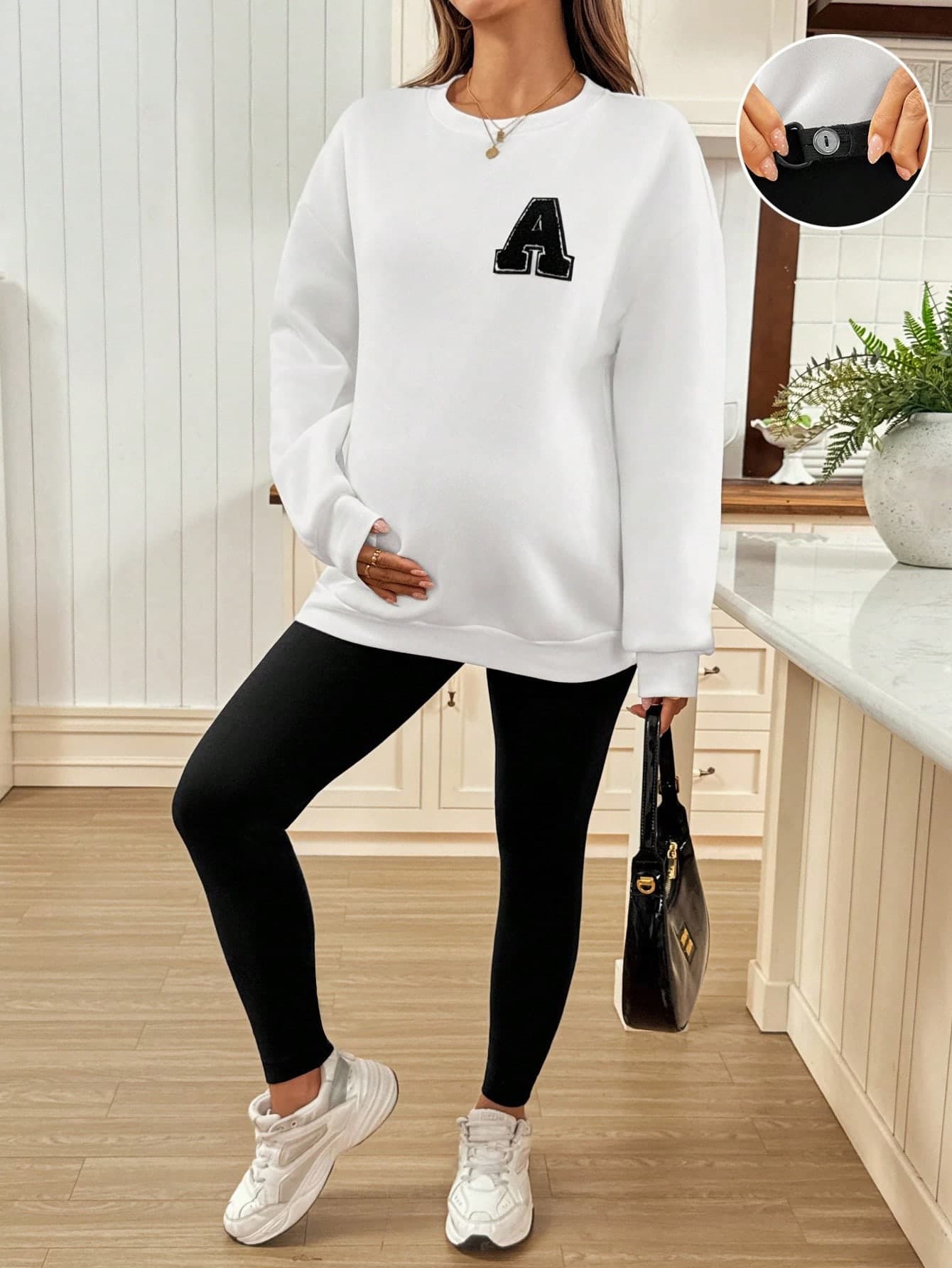 SHEIN 2pcs Maternity Contrast Color Print Round Neck Long Sleeve Solid Color Pants Set Fall Clothes
