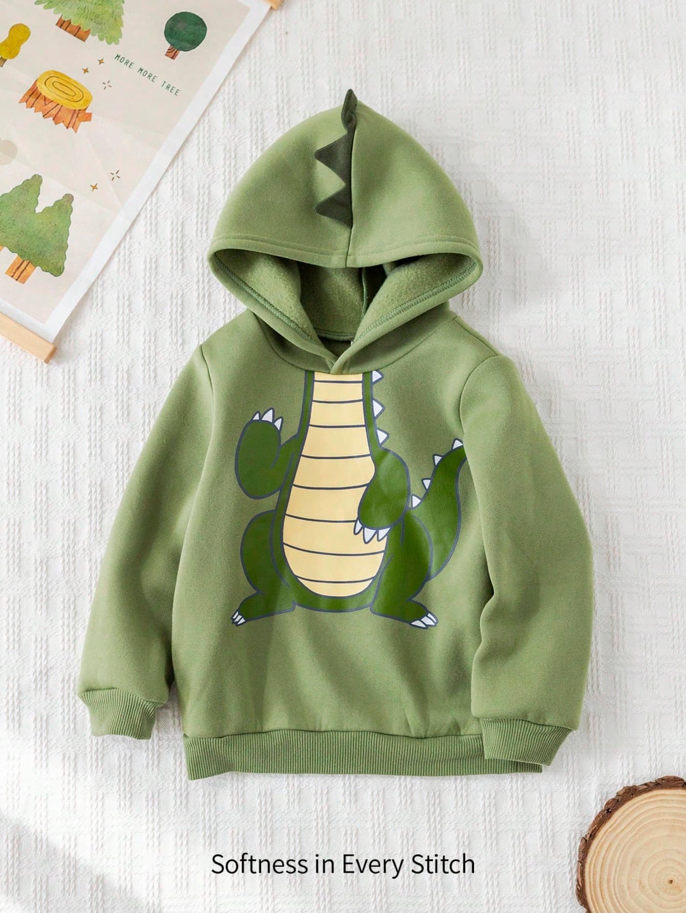 Cozy Pixies Young Boy Cartoon Dinosaur Pattern Knitted Soft Hooded Long Sleeve Pullover Sweatshirt,In Fall/Winter