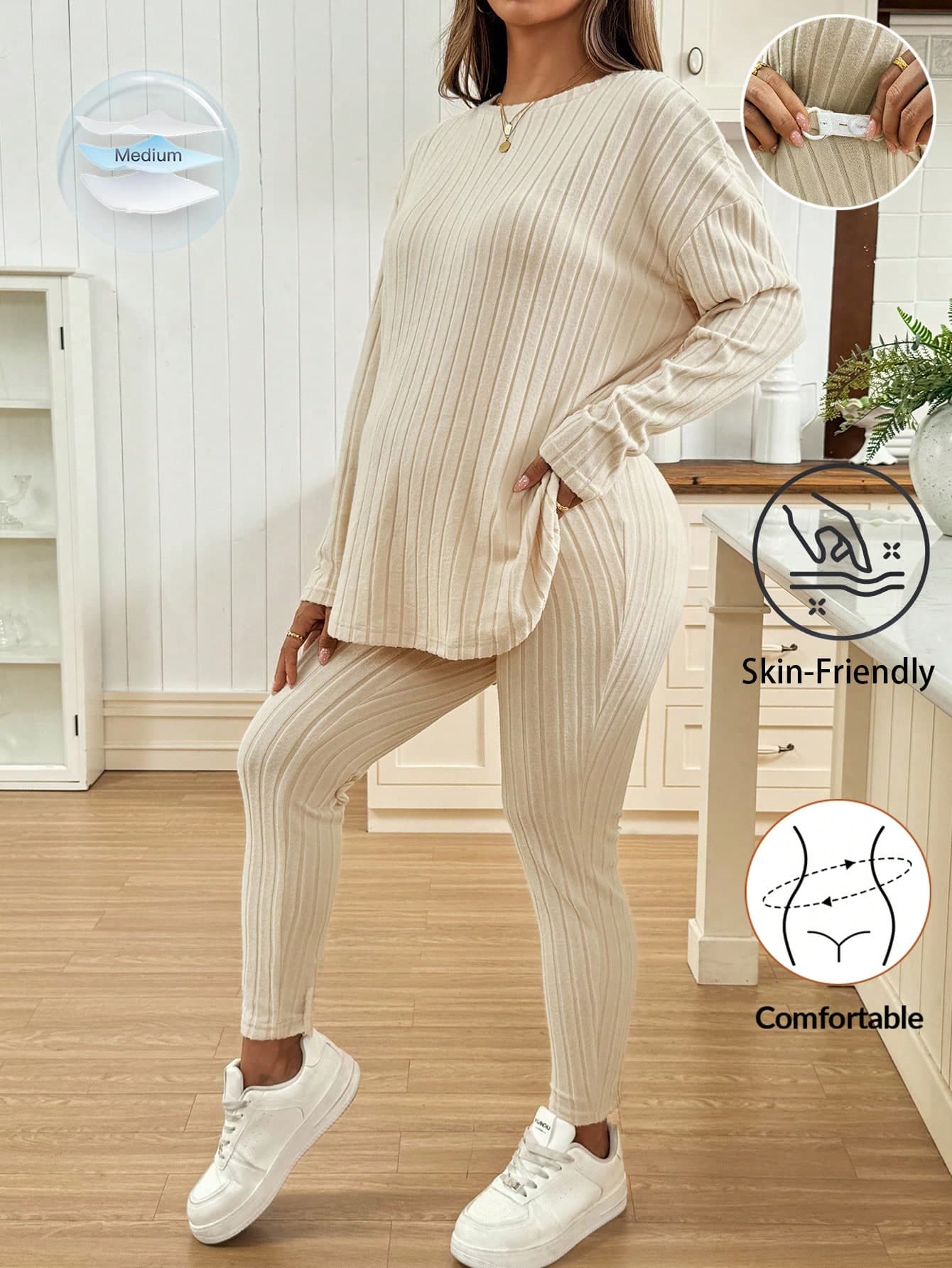SHEIN Maternity 2pcs Ribbed Top Adjustable Waist Pants Set, Pink And Blue, Autumn, Casual, Everyday Fall Clothes, Women Comfy Lounge Sets, Gender Reveal