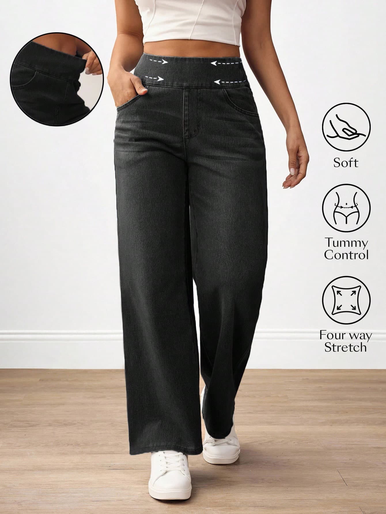 Flexra Plus Size Women High Waist Wide Leg Jeans, Dark Wash, Summer, Casual, Everyday Loose, Tummy Control Four Way Stretch Curvy Black Formal Club Holiday