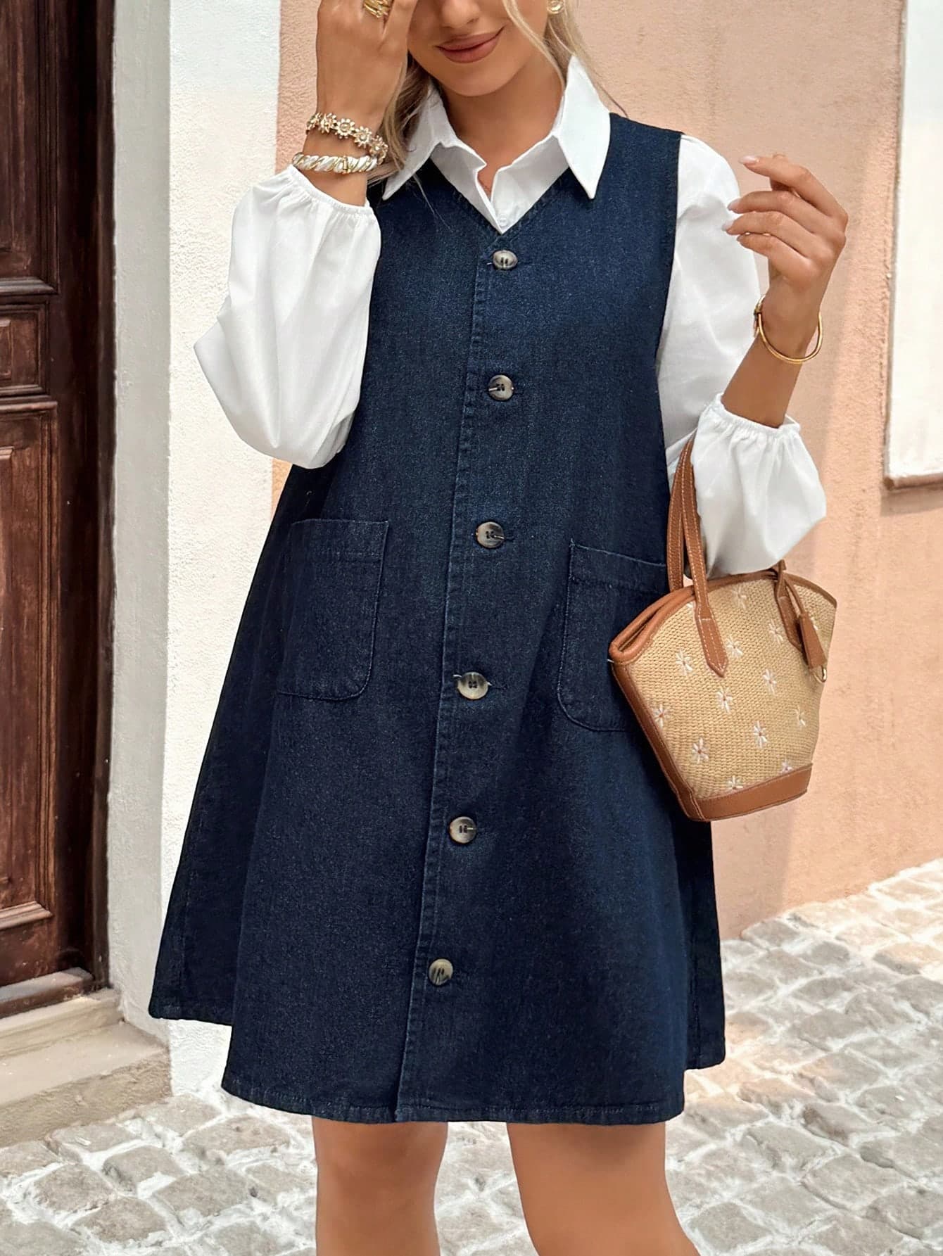 SHEIN Maternity Navy Blue Denim Sleeveless Button Front Casual Dress For Women,Summer Back-To-School V-Neck Single-Breasted Pocket Loose School Outfit Fall