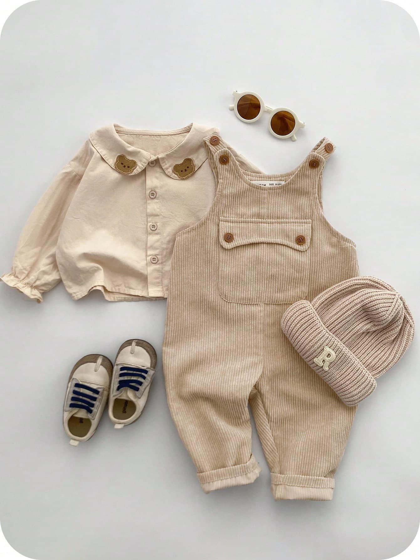 SHEIN Baby Corduroy Overalls,Khaki Autumn Casual Matching Family Loose Fit Drop Shoulder Large Pockets,Sports Style Suitable For Boys & Girls Newborn Outfit