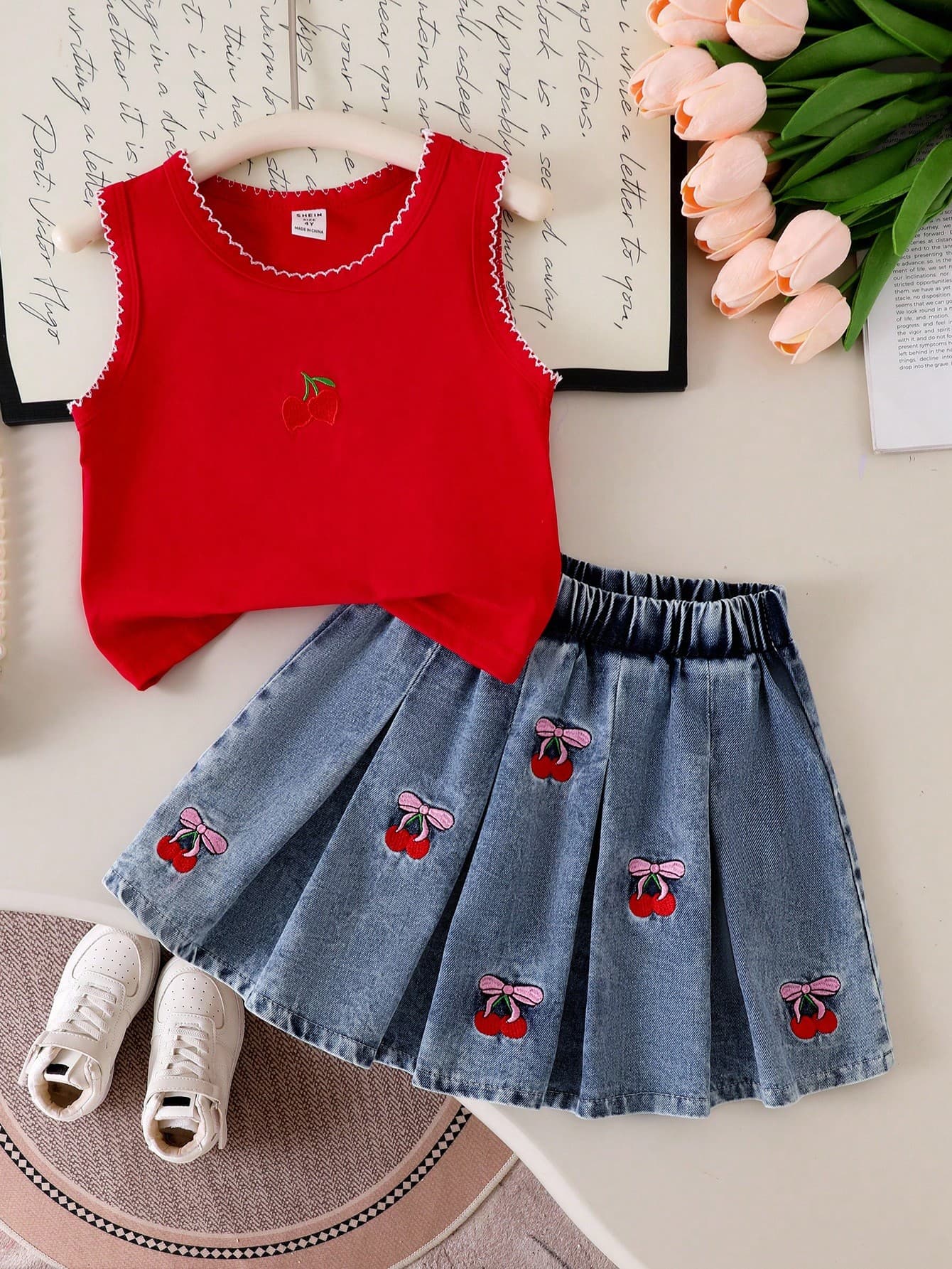 Genkimix Kids 2pcs Young Girls Summer School Outfit,Cute Cherry Embroidered Sleeveless Top And Denim Pleated Skirt Set,Sweet Kids Clothes For Children