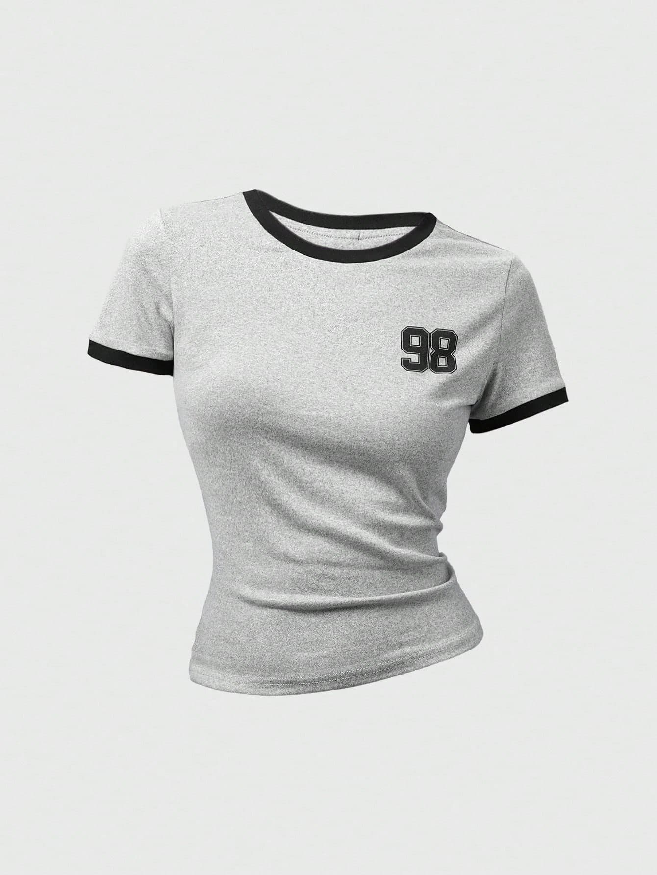SHEIN Girlism Teen Girls Summer Athletic Graduation Back-To-School Contrast Color Numeric&Letter Print Slim Fit Round Neck Short Sleeve Baby Tee Women Ringer Top