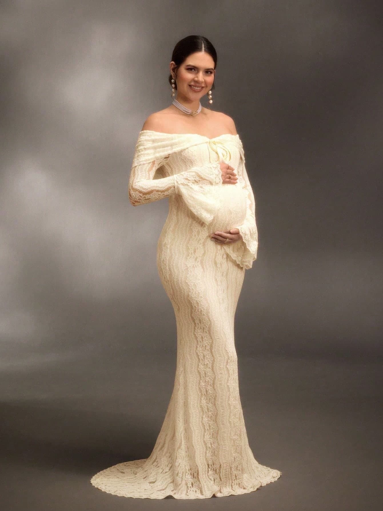 Cheriluna Maternity Elegant Off-Shoulder White Lace Long Sleeve Mermaid Maxi Dress, Suitable For Wedding, Party, Baby Shower, Maternity Photoshoot, Christening