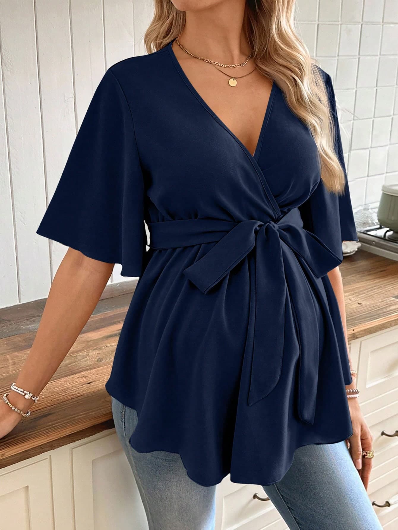 SHEIN V-Neck Ruffle Trim Maternity Blouse With Belt