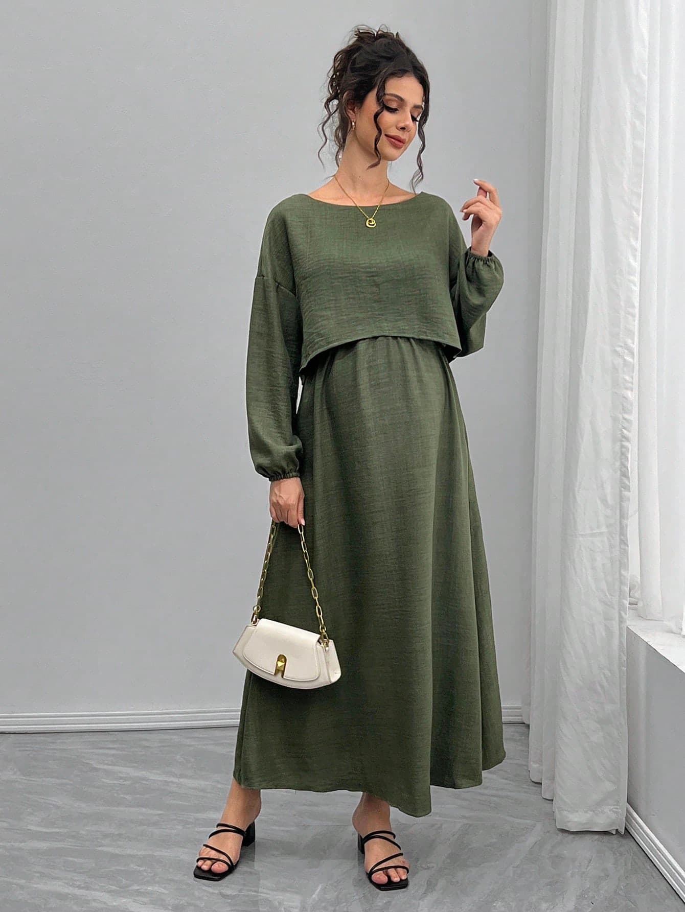 Momance 2pcs Maternity Set: Loose Fit Boat Neck Long Sleeve Top And A-Line Waist Drawstring Skirt Spring Maternity Photoshoot Fall
