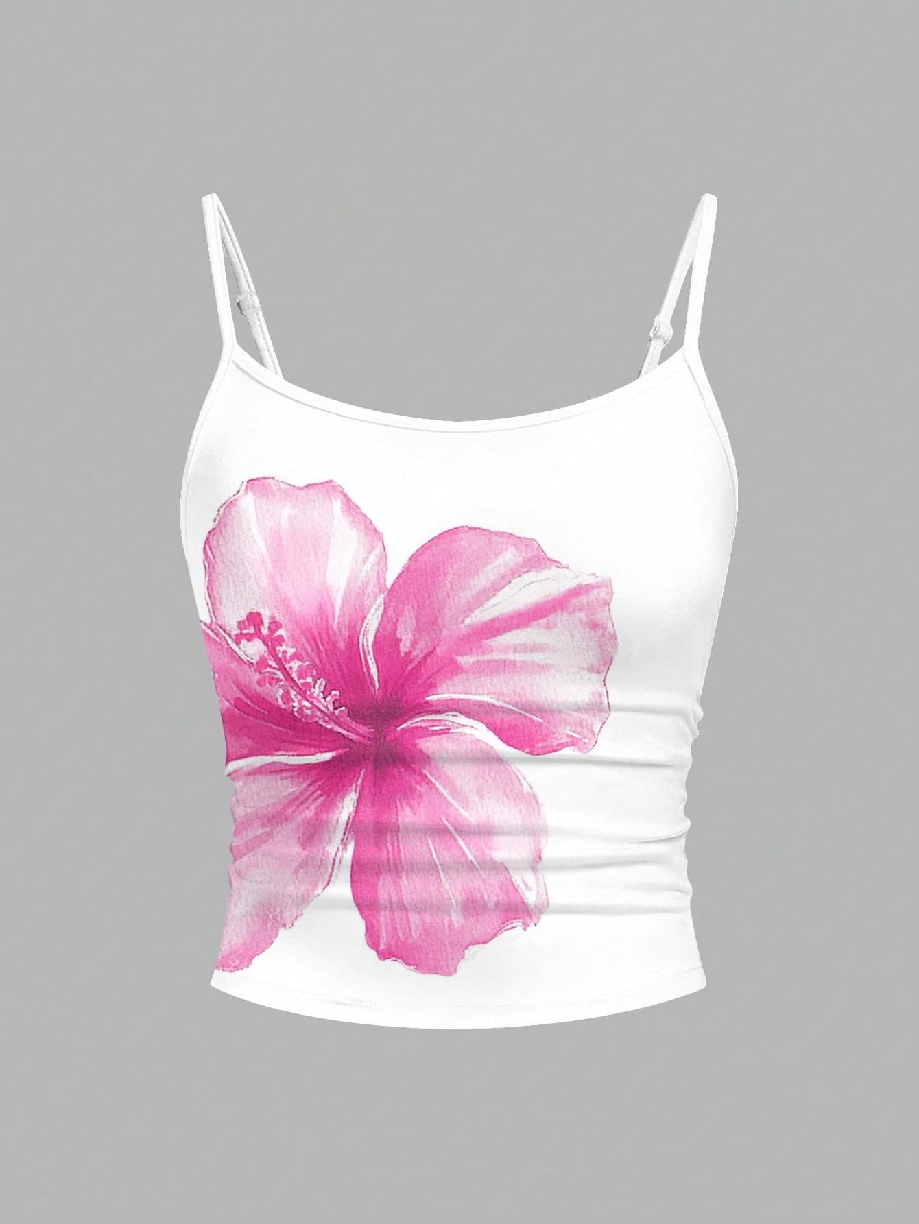 SHEIN Leap Crew Tween Girls' Fitted Casual Sports Camisole Basics Flower Tank Top White Crop Top Teen Teen Girl Summer Top Hibiscus Tank Top Pink Hibiscus Top