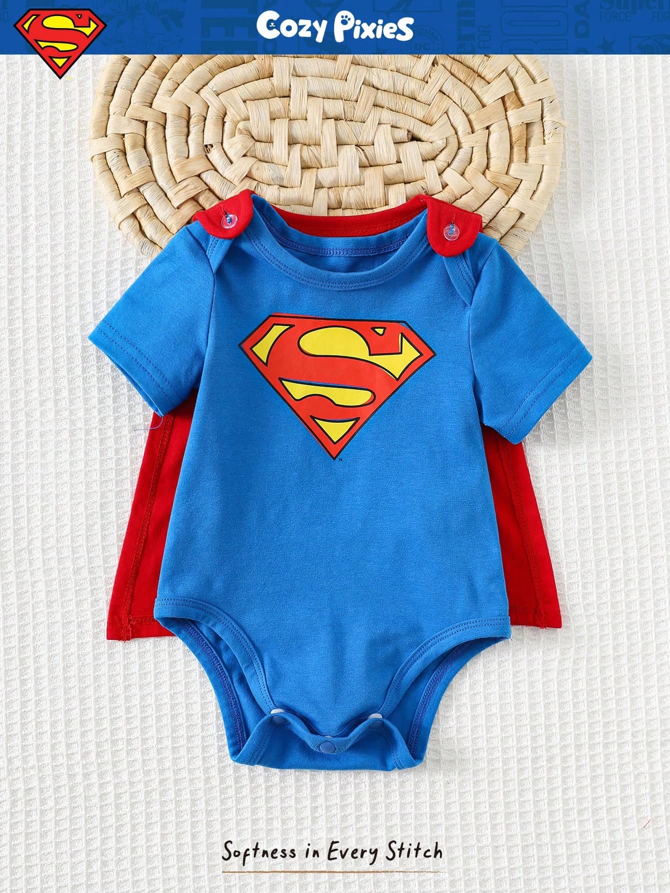 SUPERMAN X Cozy Pixies Newborn Baby Boy Graphic Round Neck Short Sleeve Bodysuit&Solid Color Cape 2pcs Set Superhero Cartoon Clothes Character