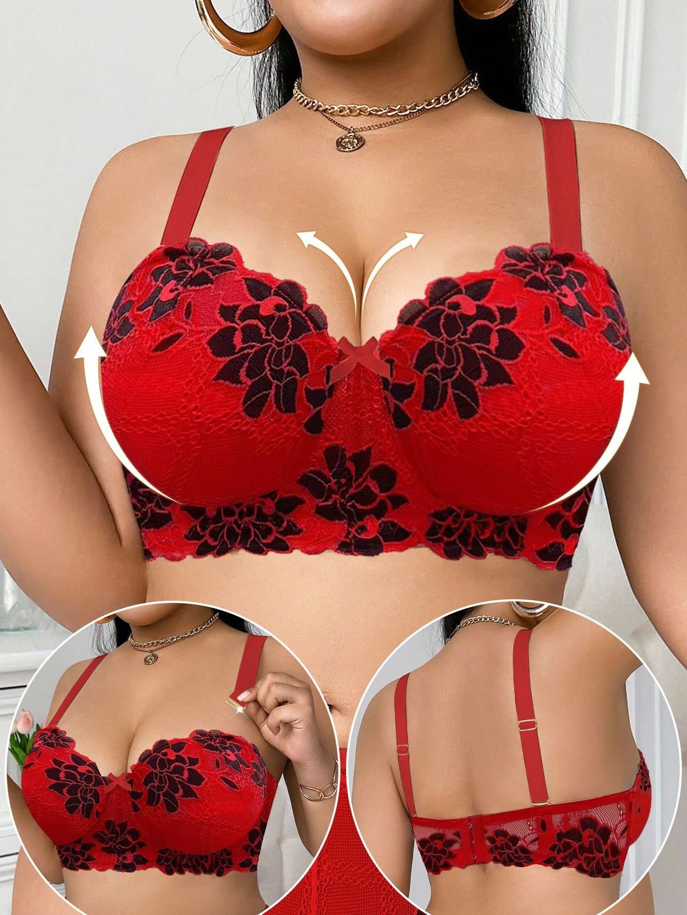 SHEIN Plus Size Lace Contrast Color Spaghetti Strap Underwire Bra, Red Push Up Bra, Lift