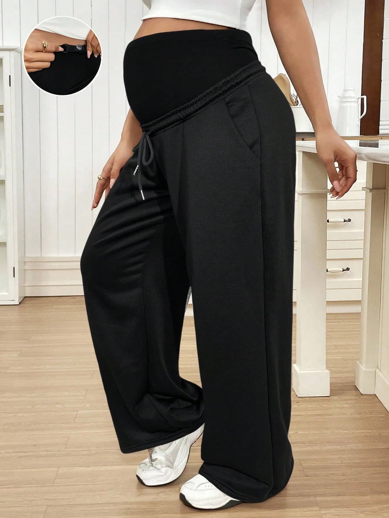 SHEIN Adjustable Waist Pregnant Women Pockets Wide Leg Loose Casual Pants World Cup Fall