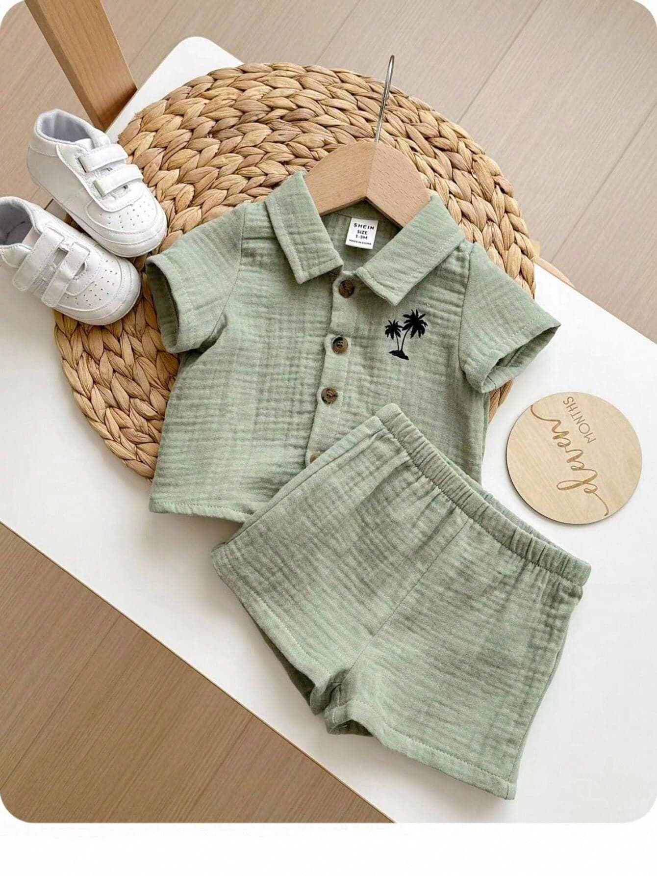 SHEIN Baby Boy Coconut Tree Print Shirt & Shorts