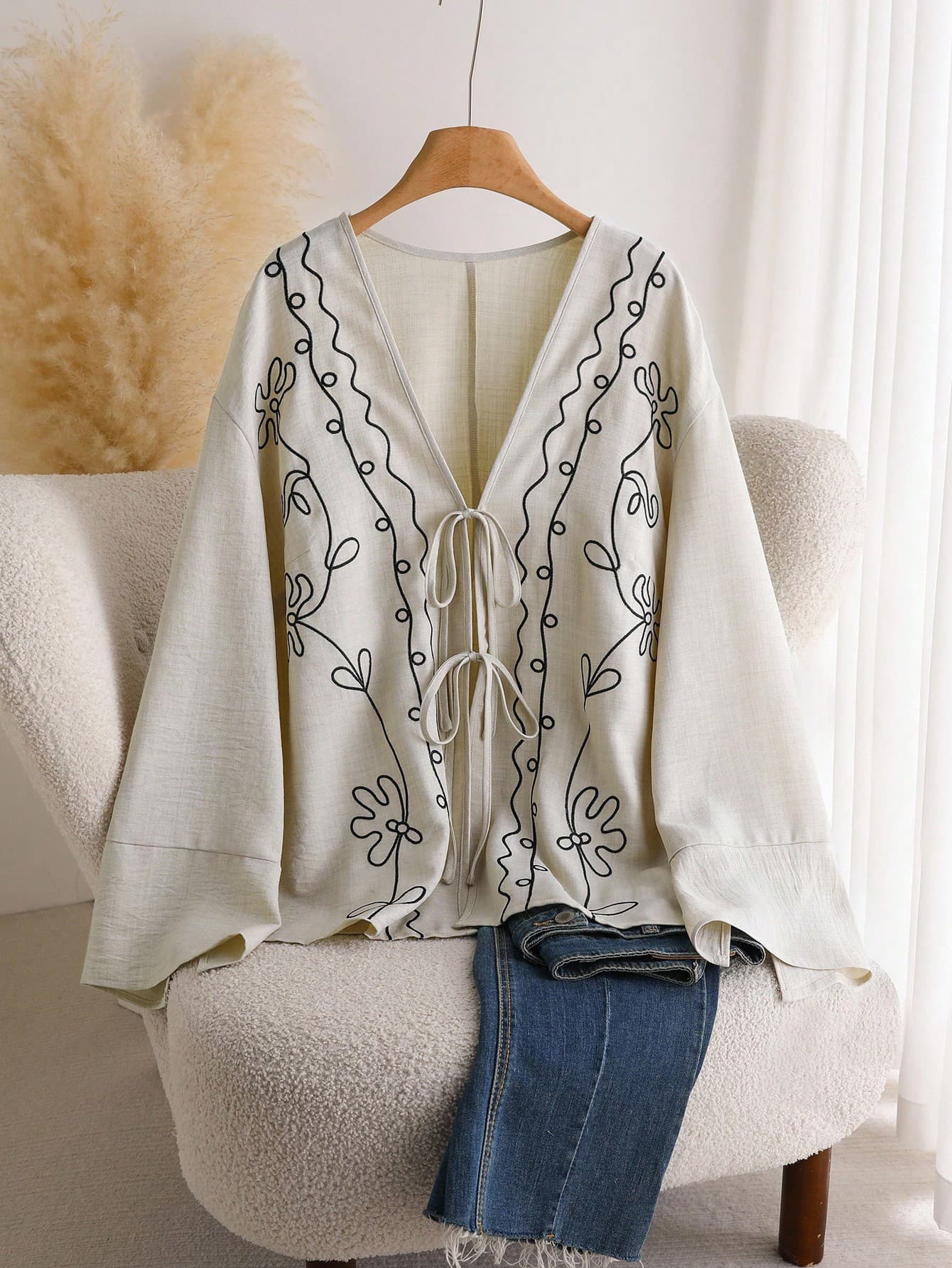 CosyJoli Plus Size Women Embroidered Cardigan, White Elegant Bachelorette Party Wedding Guest Jacket, Long Sleeve Tie Front Blouses Coat Fall/Winter