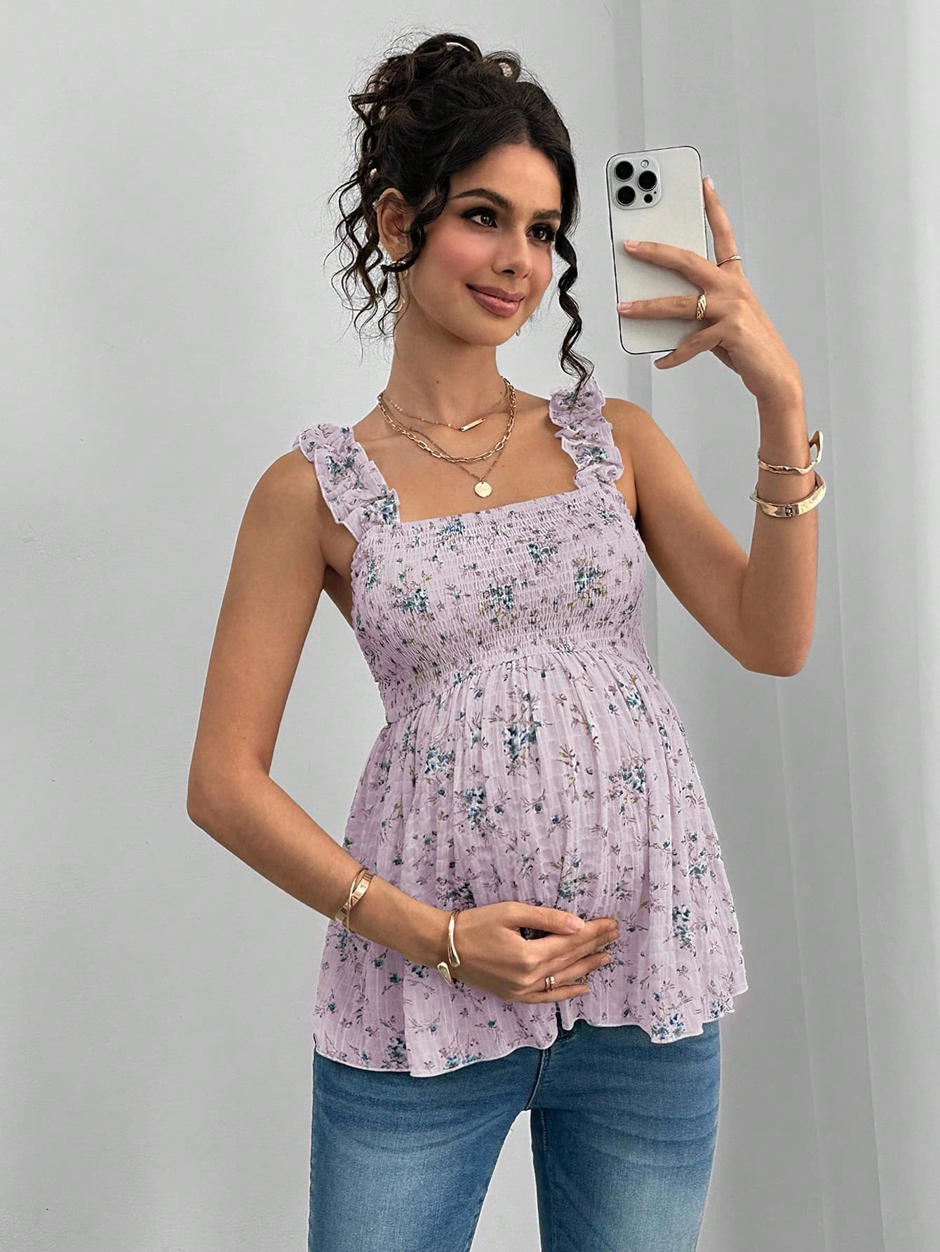 Momance Maternity Summer Casual Vacation Floral Print Frill Trim Wide Strap Nursing Tank Top