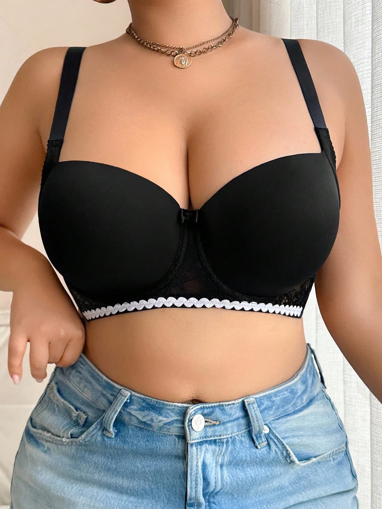 SHEIN 1pc Plus Size Comfortable Seamless Wireless Lightly Lined Adjustable Bra For Women,Daily Casual Black Summer Push Up Bras For Big Boobs Lingerie