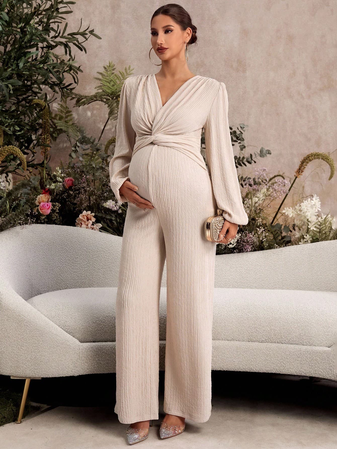 SHEIN Maternity Elegant Solid Color Twist Waist Design Lantern Sleeve Wide Leg Jumpsuit,Autumn Pregnancy Clothes For Wedding Guest,Babyshower Fall Winter