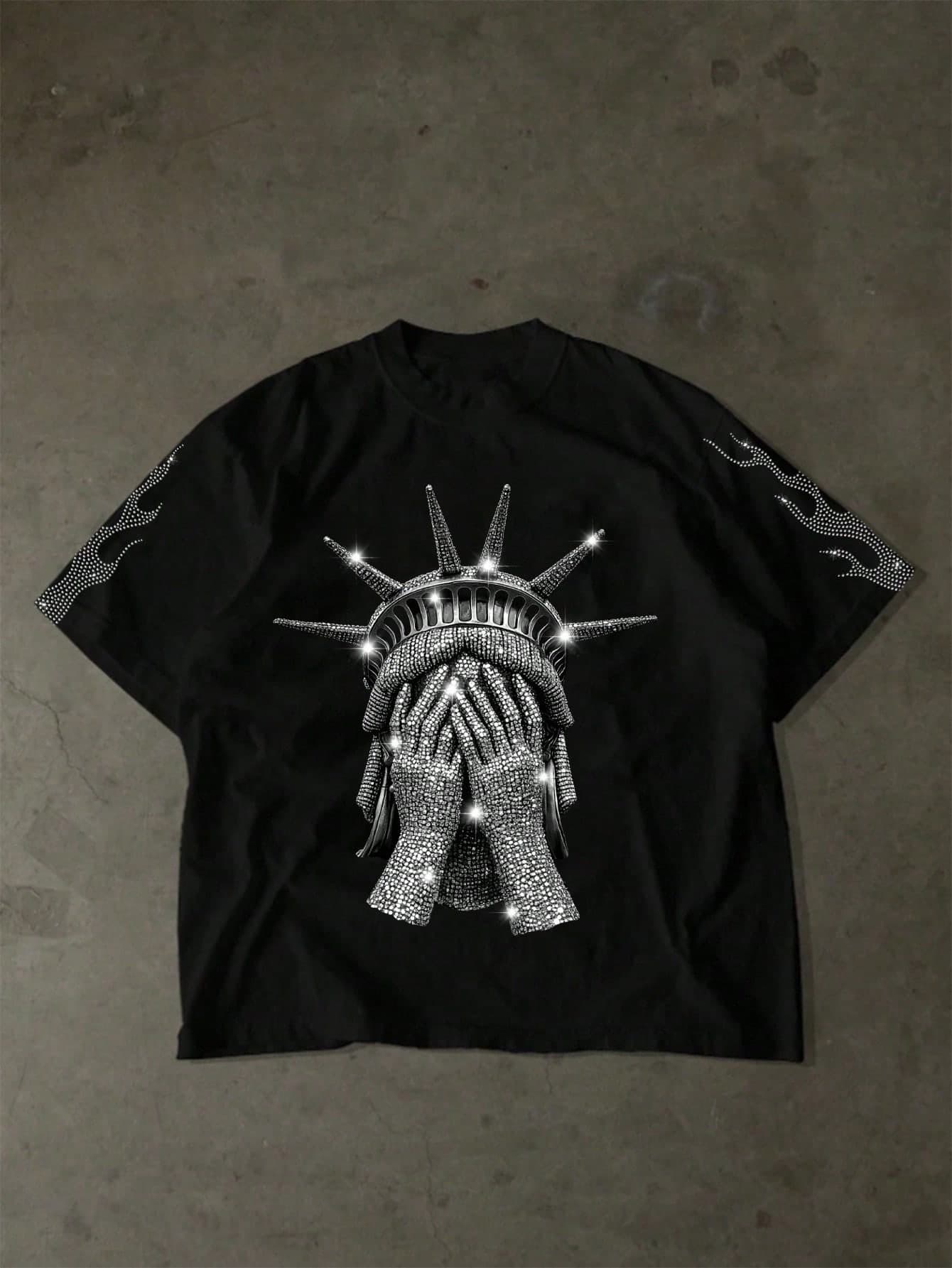 SHEIN Bolty Statue Of Liberty,Boy's Graphic,Black,Summer,Streetwear,Urban Fashion Short Sleeve Crew Neck T-Shirt,Imitation Diamond Rhinestone,Flame Sleeve