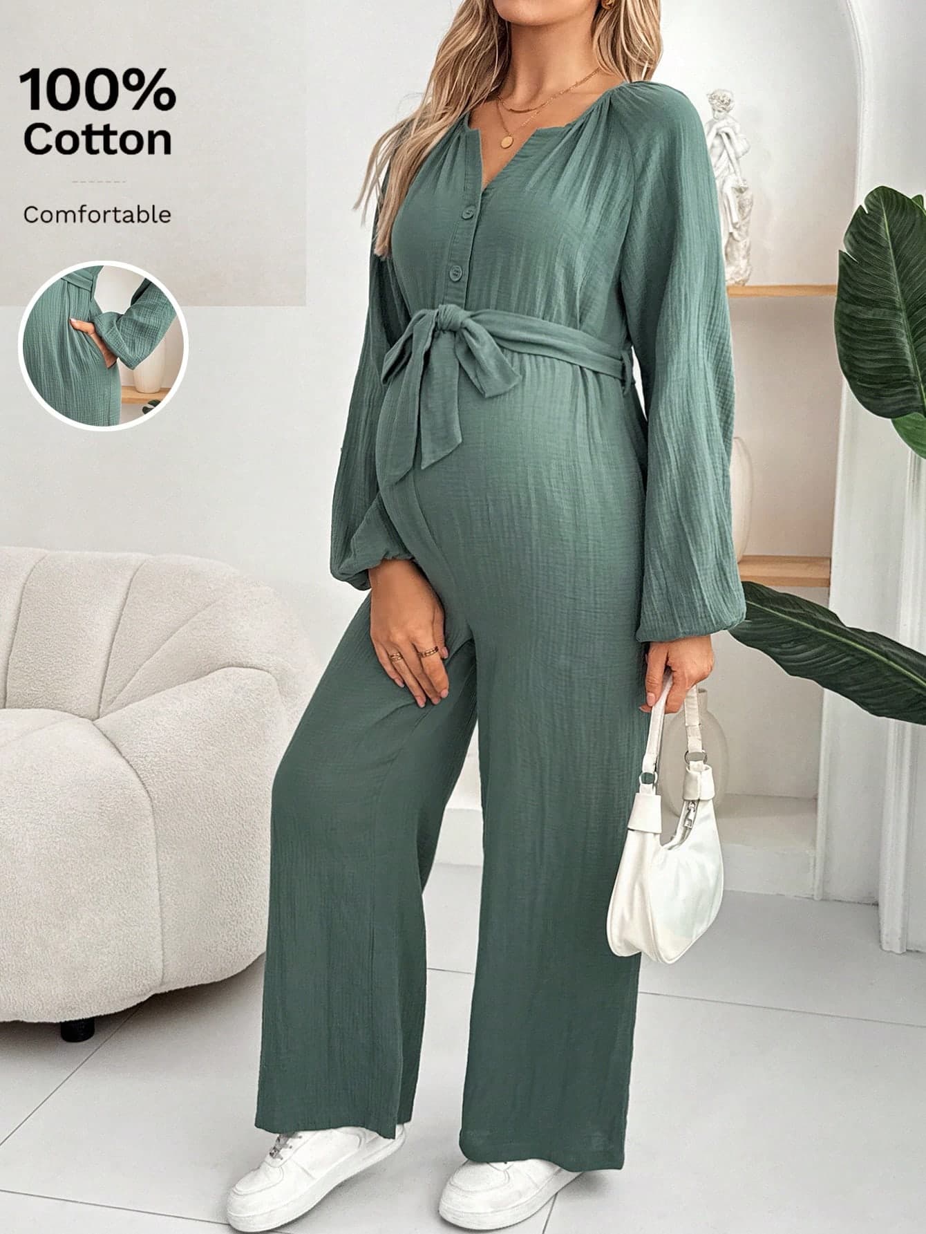 SHEIN Maternity Solid Color Button Half Placket Raglan Lantern Sleeve Pocket Wide Leg Casual Jumpsuit