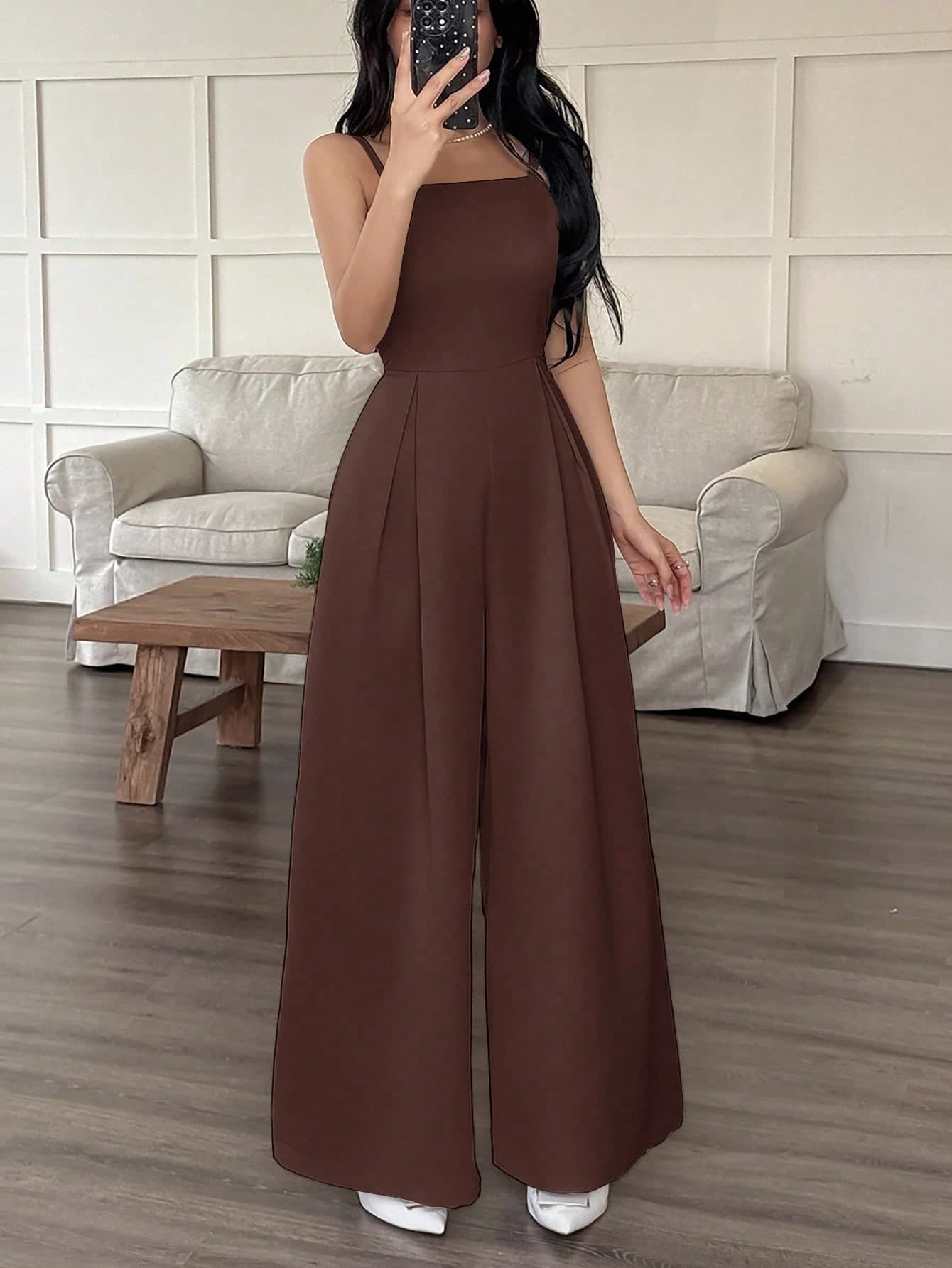 Franclia Women's Solid Color Pleated Wide Leg Loose Casual Jumpsuit