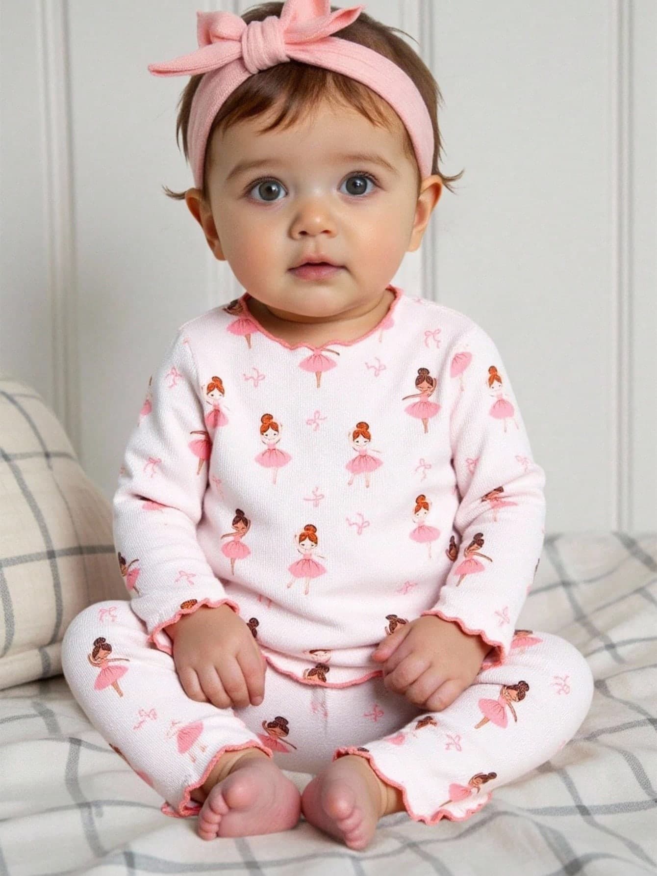 SHEIN 2 Pieces Set Newborn Baby Girl Light Pink Cartoon Little Girl Printed Long Sleeved Shirt Pants Autumn Cute Family Matching Soft Skin Friendly Fabric