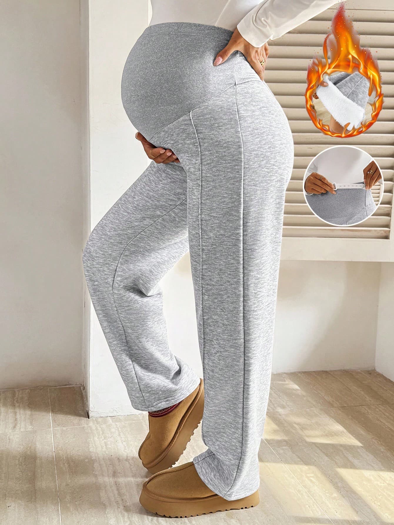 SHEIN Fall Clothes,Autumn Clothes,Maternity Autumn/Winter Casual Warm Fleece Adjustable Waist Pants, Pregnancy Thermal Lined Grey Sweatpants