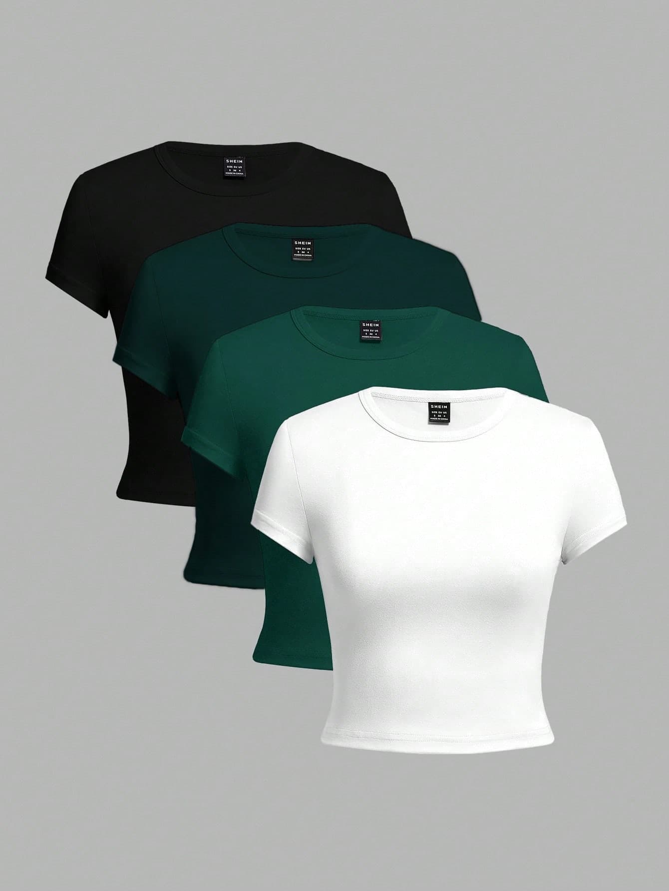 SHEIN EZwear 4pcs Black, Olive Green, White Casual Round Neck Short Sleeve Fitted Women T-Shirts, Suitable For Summer