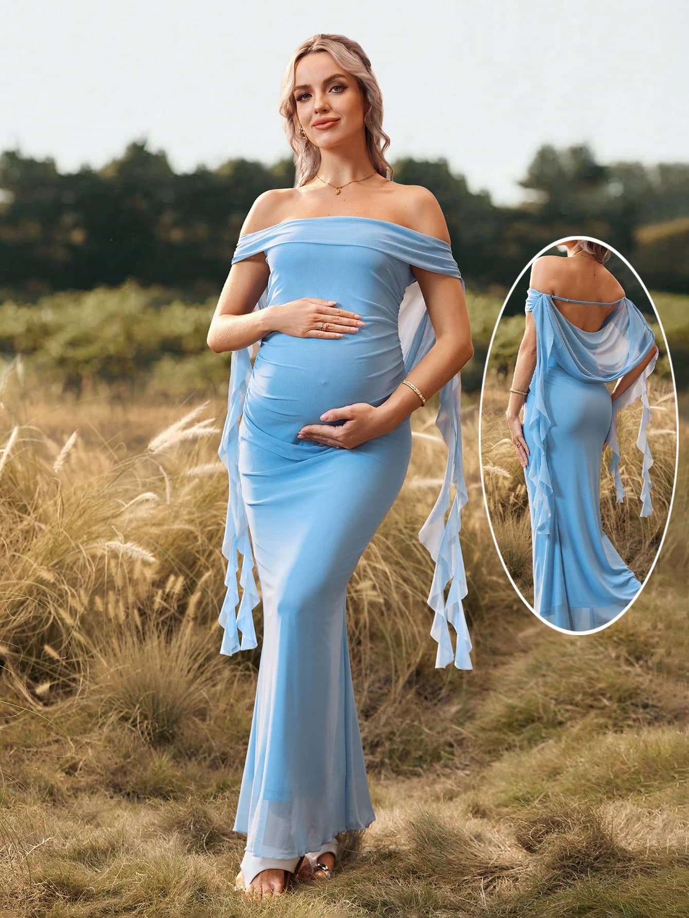 Cheriluna Maternity Solid Color Off-Shoulder Backless Maxi Maternity Dress For Baby Shower, Christmas Party, Elegant Party