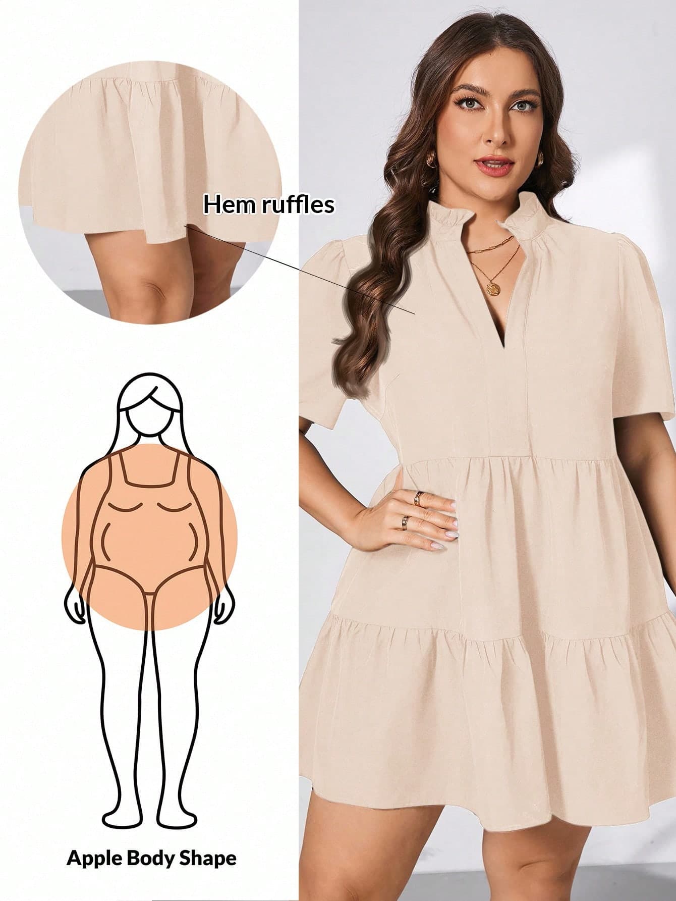SHEIN Essnce Plus Size Women's Summer Beige Smart Casual Everyday Short Sleeve V-Neck Loose Dress,Elegant Old Money Style Office Work Maternity Baby Shower Dress