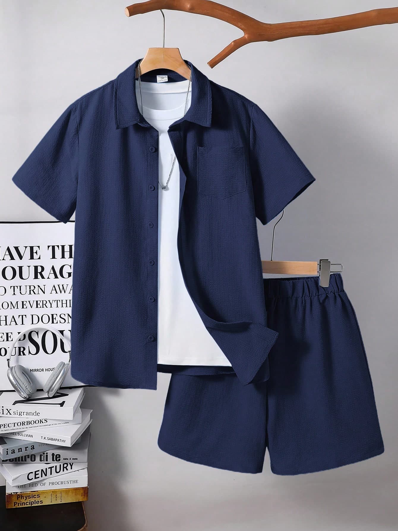 SHEIN 2pcs Teen Boys Casual Comfortable Textured Knit Short Sleeve Shirt And Shorts Set, Spring Wear