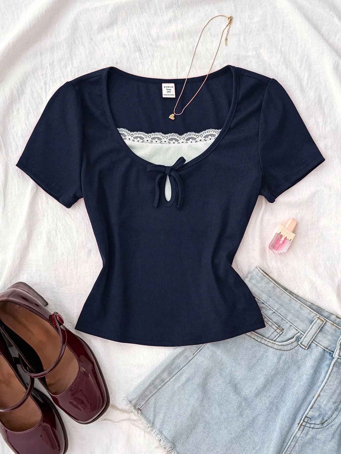 Teen Girls' Navy Summer Y2K Rib Knit Lace Ruffle Bow Tight Fit Short Sleeve T-Shirt,Back-To-School Graduation Contrast Patchwork Cute Top