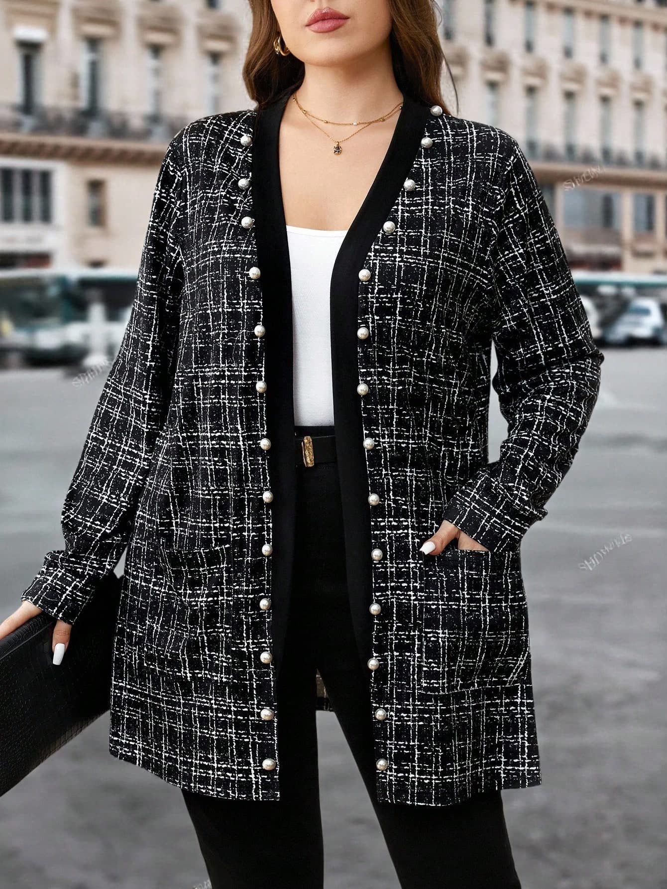 SHEIN Clasi Plus Size Elegant Faux Tweed Pockets Long Sleeve Coat Women Cardigan Pearl Button Black And White Plaid Fall For Winter Teacher Cover Ups Autumn