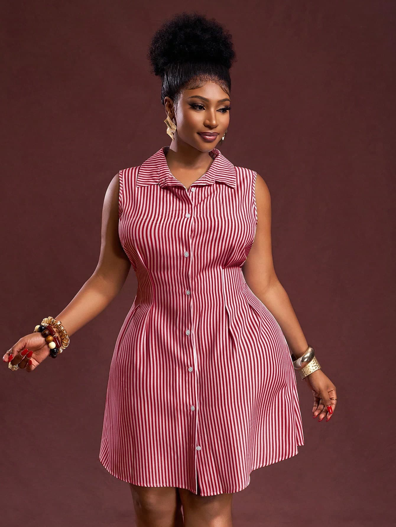 Veslaya Spring/Summer New Women Plus Size Elegant Commuter Casual Office Striped Woven Fabric Sleeveless Waist Cinched Shirt Dress