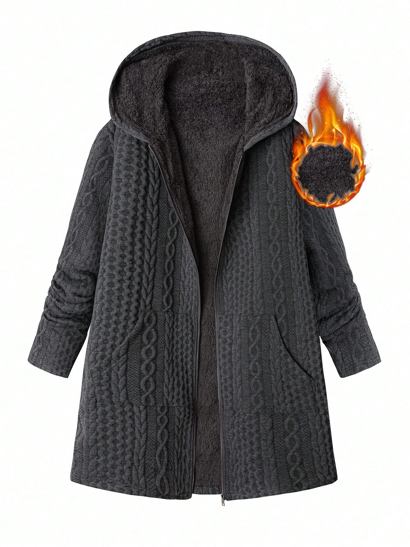SHEIN Clasi Plus Size Women Plain Grey Cable Pattern Long Sleeve Zip-Up Hooded Fleece Coat,Winter Casual Hiking Warm Reversible Double Sided Jacket With Pockets