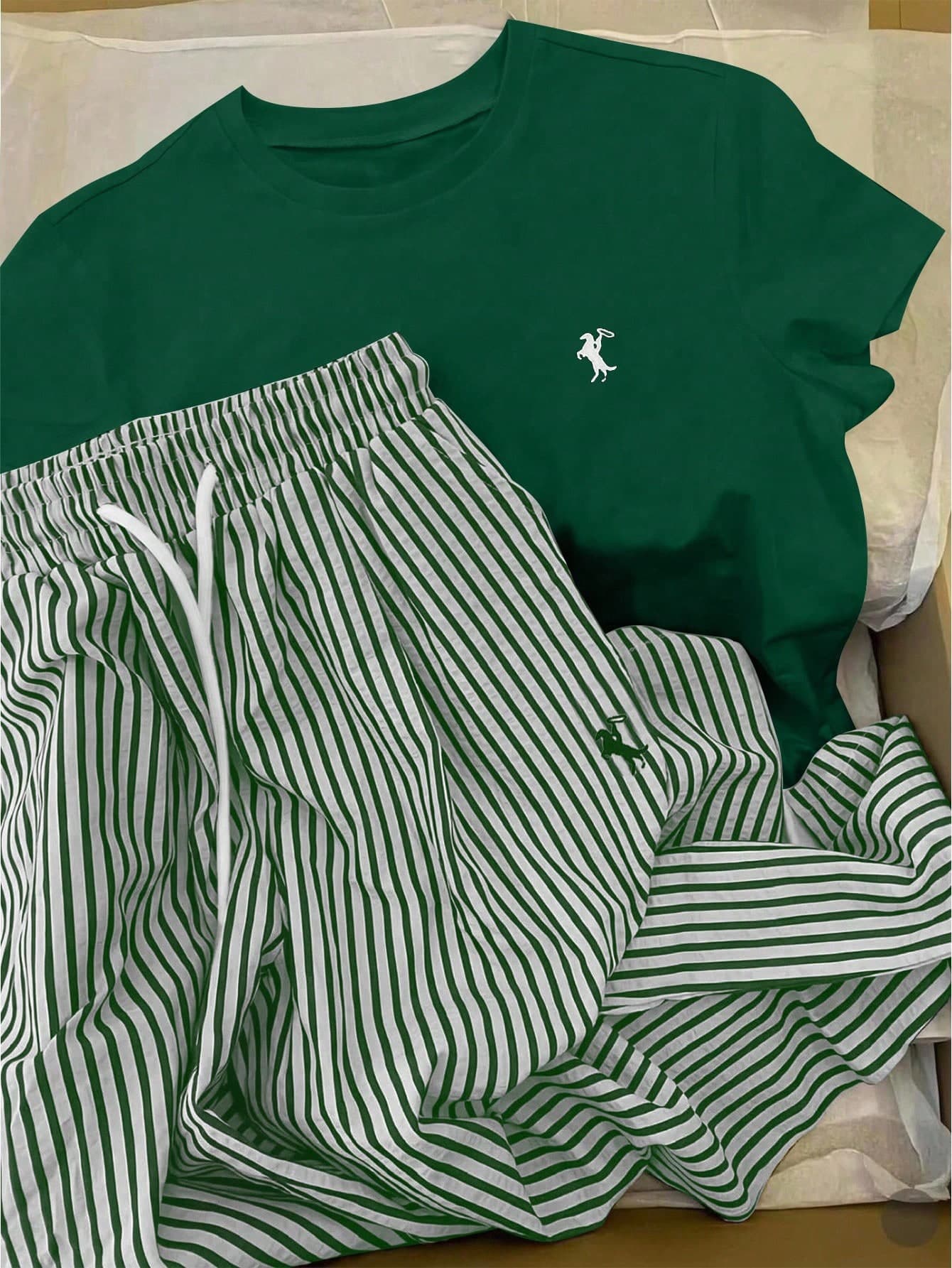 INAWLY Summer Casual Solid Color Short Sleeve T-Shirt And Striped Pants Set