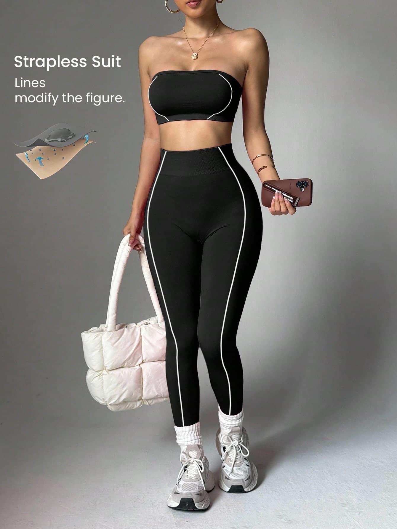 Dewbera Dewbera Sleeveless Micro Crop Strapless Two Pieces Legging Set For Active Lifestyle Workout Gym Yoga Sport,Black And White,Summer,Sexy,Gym