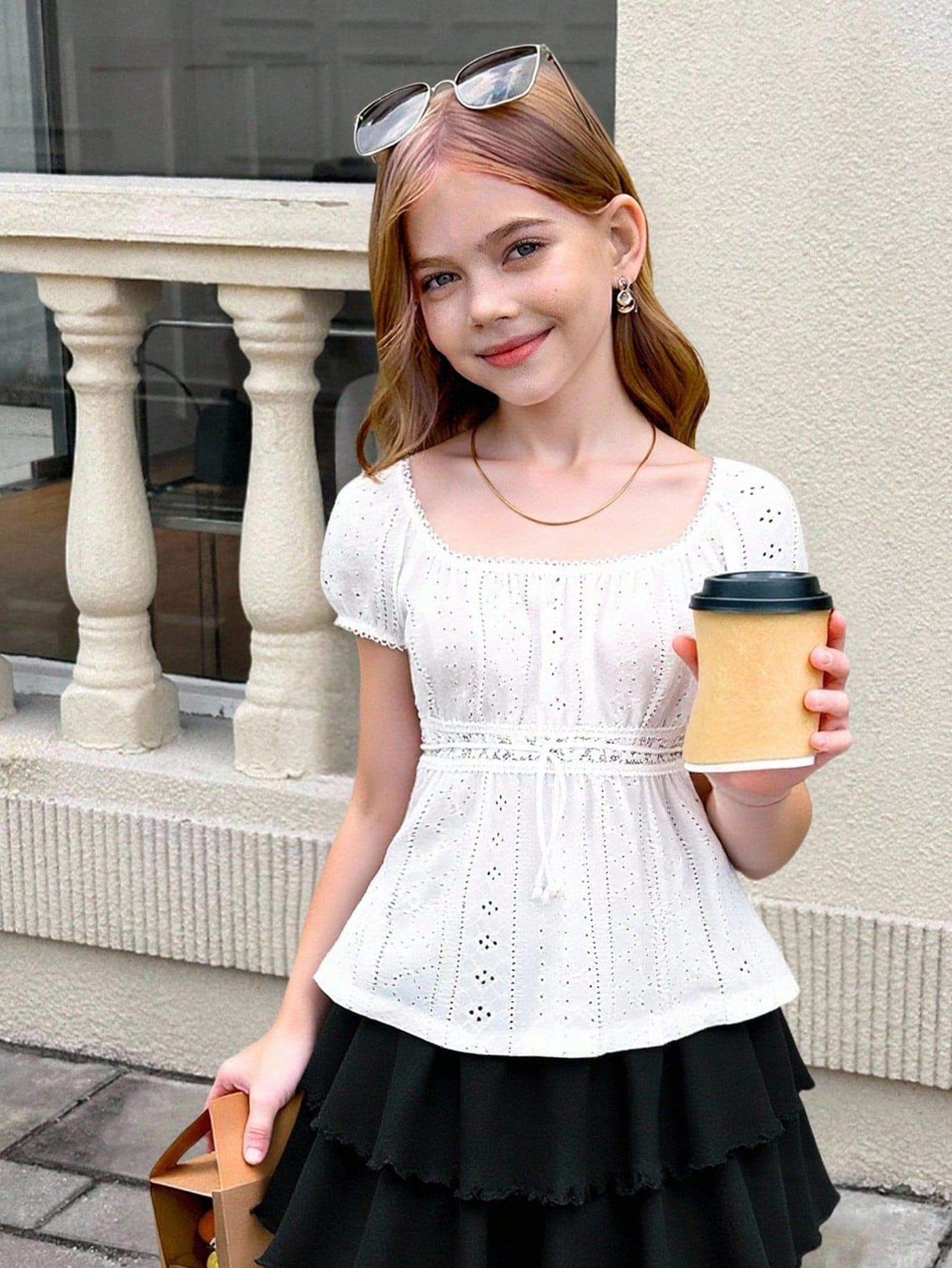 SHEIN Tween Girls Knit Textured Jacquard Ruched Ruffled Trim White Casual Blouse, Vacation/Country Style, Back-To-School, Sweet Top