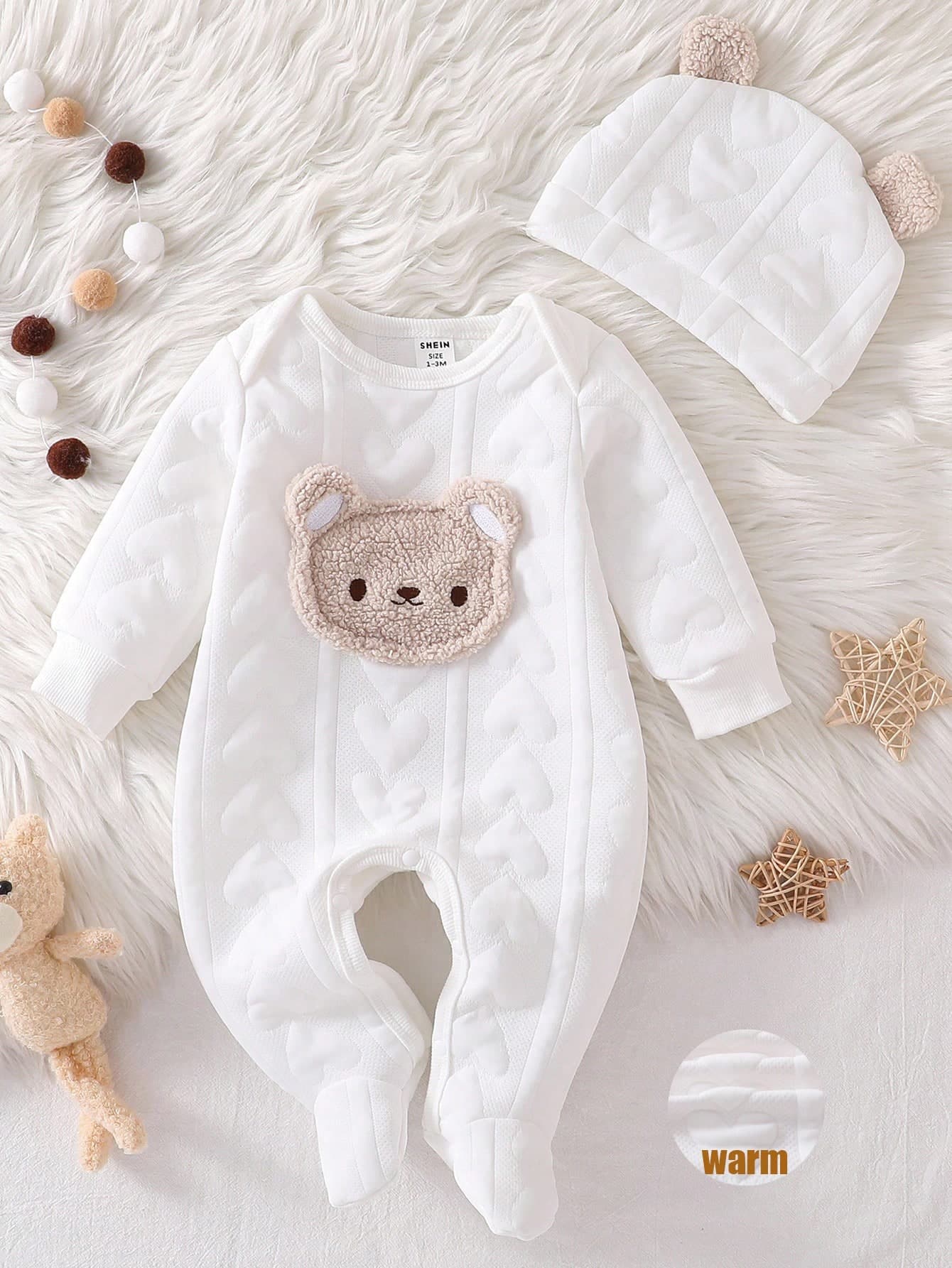 2pcs Newborn Baby Simple Cute Bear Print Long Sleeve Romper And Hat Set, White Casual Outfit Newborn Cotton Romper Baby Romper Bear Fall Winter