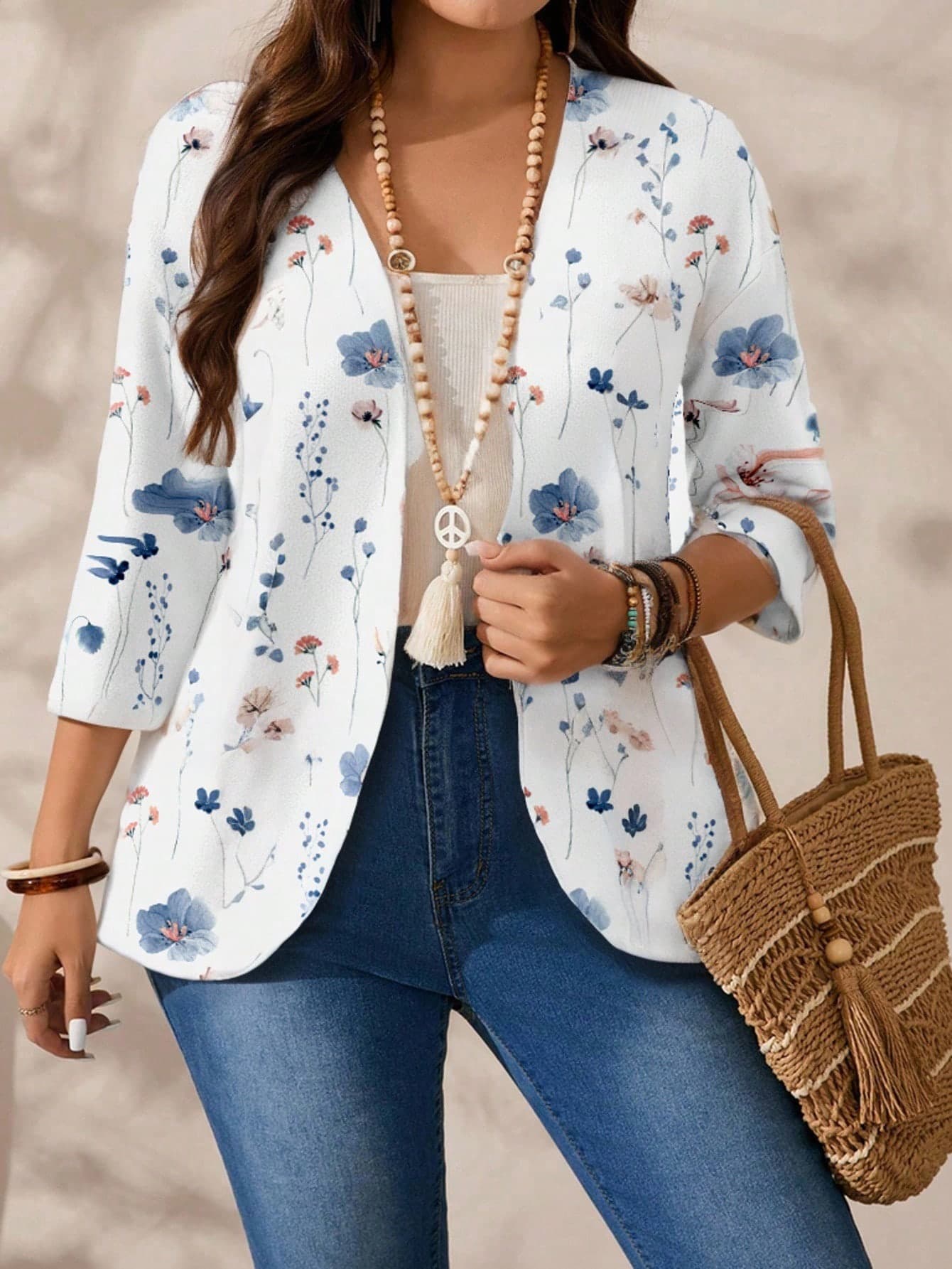 EMERY ROSE Plus Size Women Casual Vintage Floral Print Jacket, Suitable For Autumn And Winter Autumn And Winter Fall